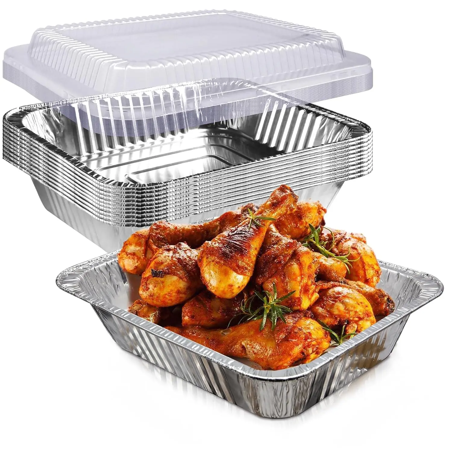 9x13 Disposable Aluminum Foil Trays with Transparent Covers 10 Count, Sturdy Thickened Half-Size Deep Metal Food Vessels, Ideal for Baking, Cooking, Roasting, Reheating & Catering Serving Use