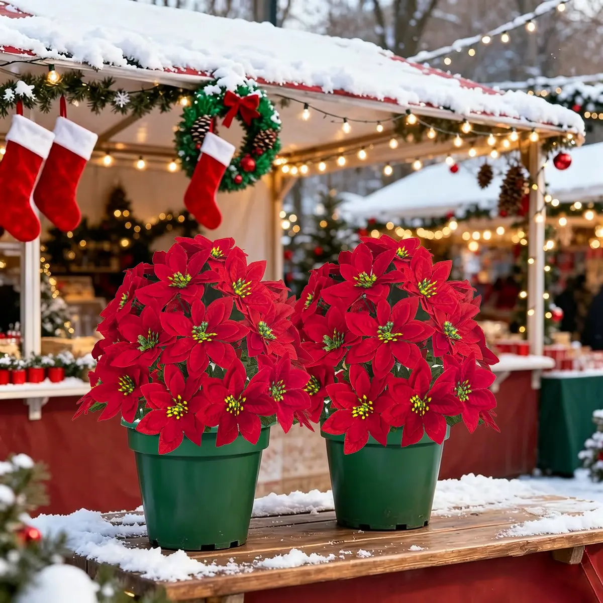 2Pack 20'' Christmas Artificial Flowers, Outdoor Artificial Poinsettia Flower Topiary Christmas Tree Decor|UV Resistant Faux Poinsettia Boxwood Bush with Ground Spike, Fake Evergreen Plant Shrub for Indoor Outdoor Porch Garden Patio Xmas Home Decor