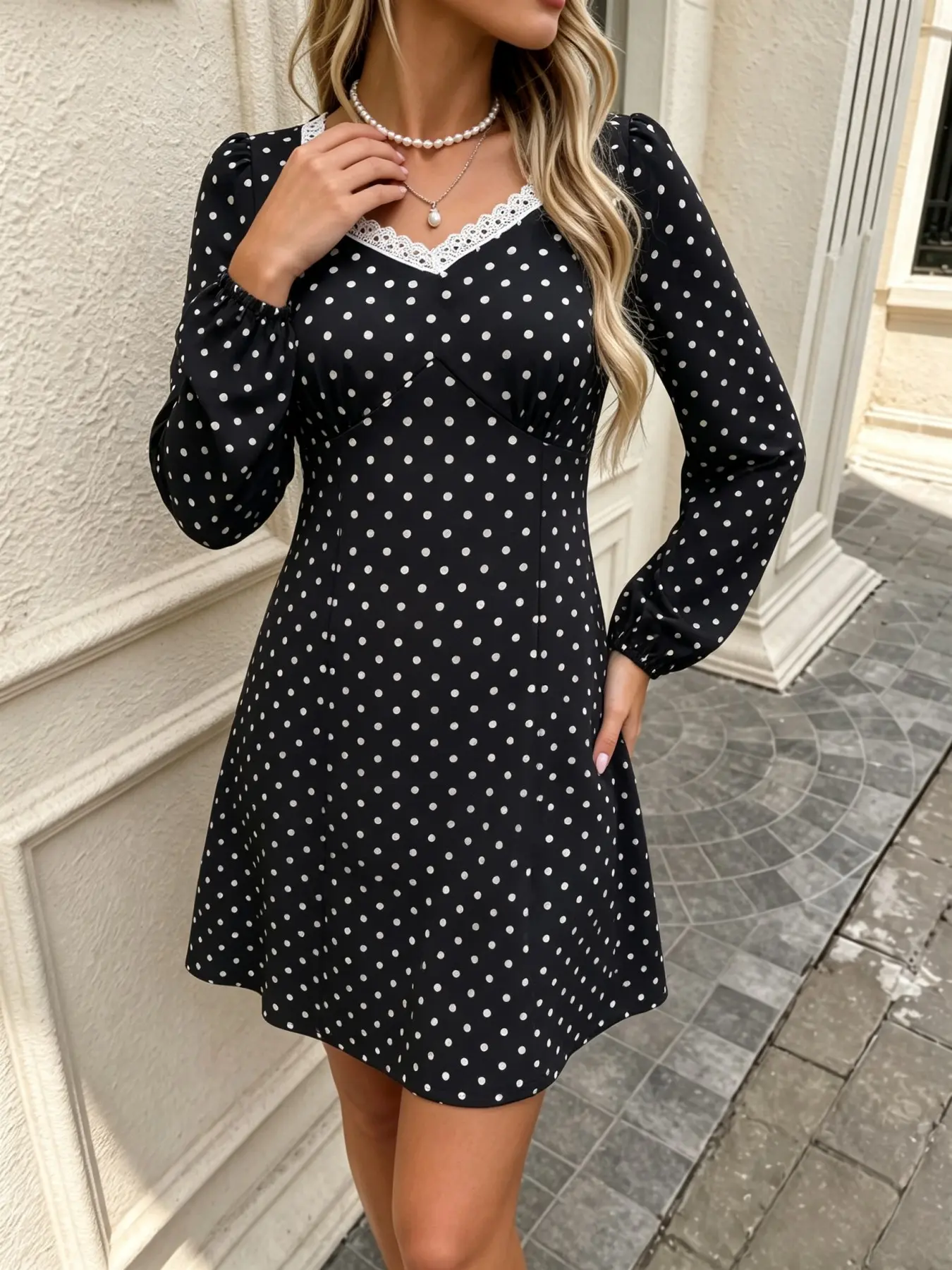 Vintage Polka Dot Long Sleeve Dress, Elegant Contrast Lace Neckline, A-Line Short Dress, Spring & Fall Fashion, Korean Sweet Style