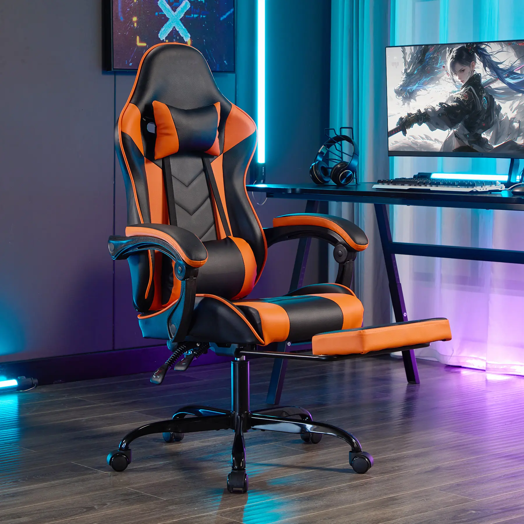 ARCH Ergonomic Gaming Chair with Footrest, Massage Lumbar Support and Headrest, Breathable Leather Computer Desk Chair, Height Adjustable Reclining Video Game Chair for Adults, Black Orange, 330lb Capacity, Black+Orange Color Options