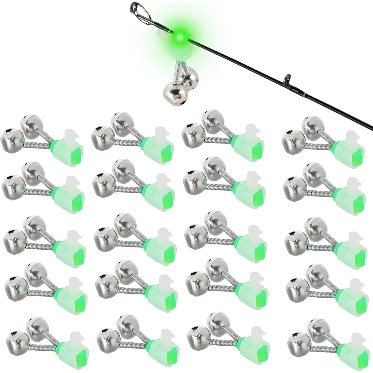 Fishing Bells for Rod Tip, 20 count Clip- Fish Bite Alarms with  Bells & Fluorescent Tip – Ideal for Night & Ice Fishing