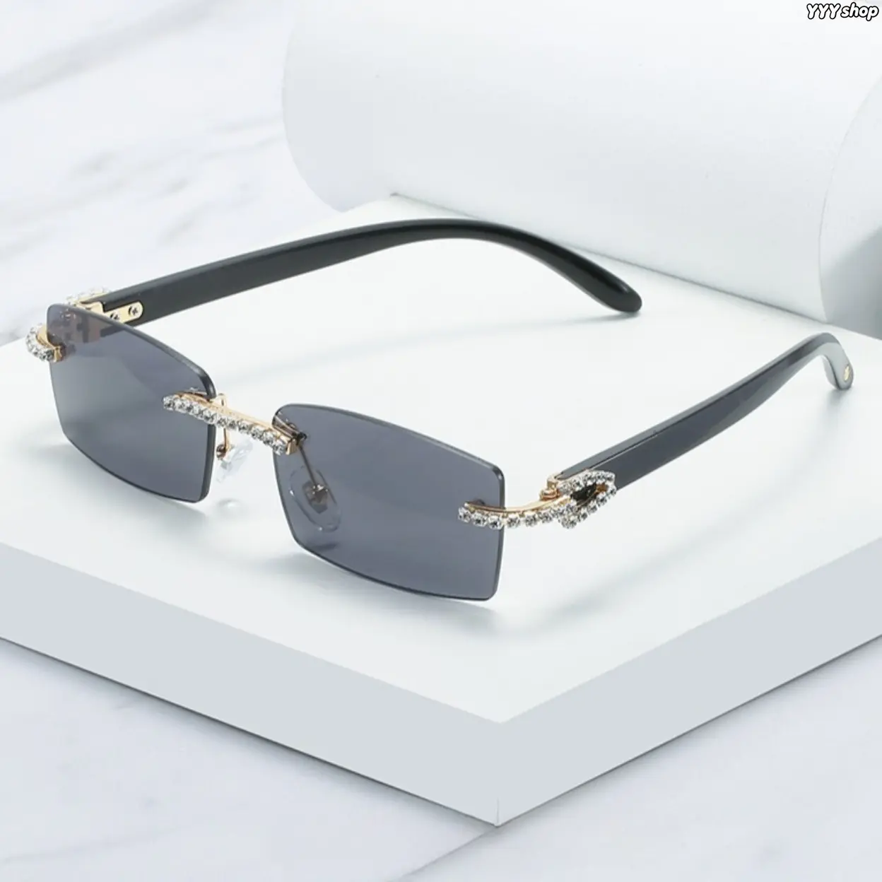 Women’s Rhinestone Decorated Rimless Rectangle Sunglasses, Modern Trendy Minimalist Rimless Shades With Sparkling Crystal Ornaments, Premium Fashion Eyewear For Daily Commuting, Outdoor Travel, Street Shooting And Party Styling