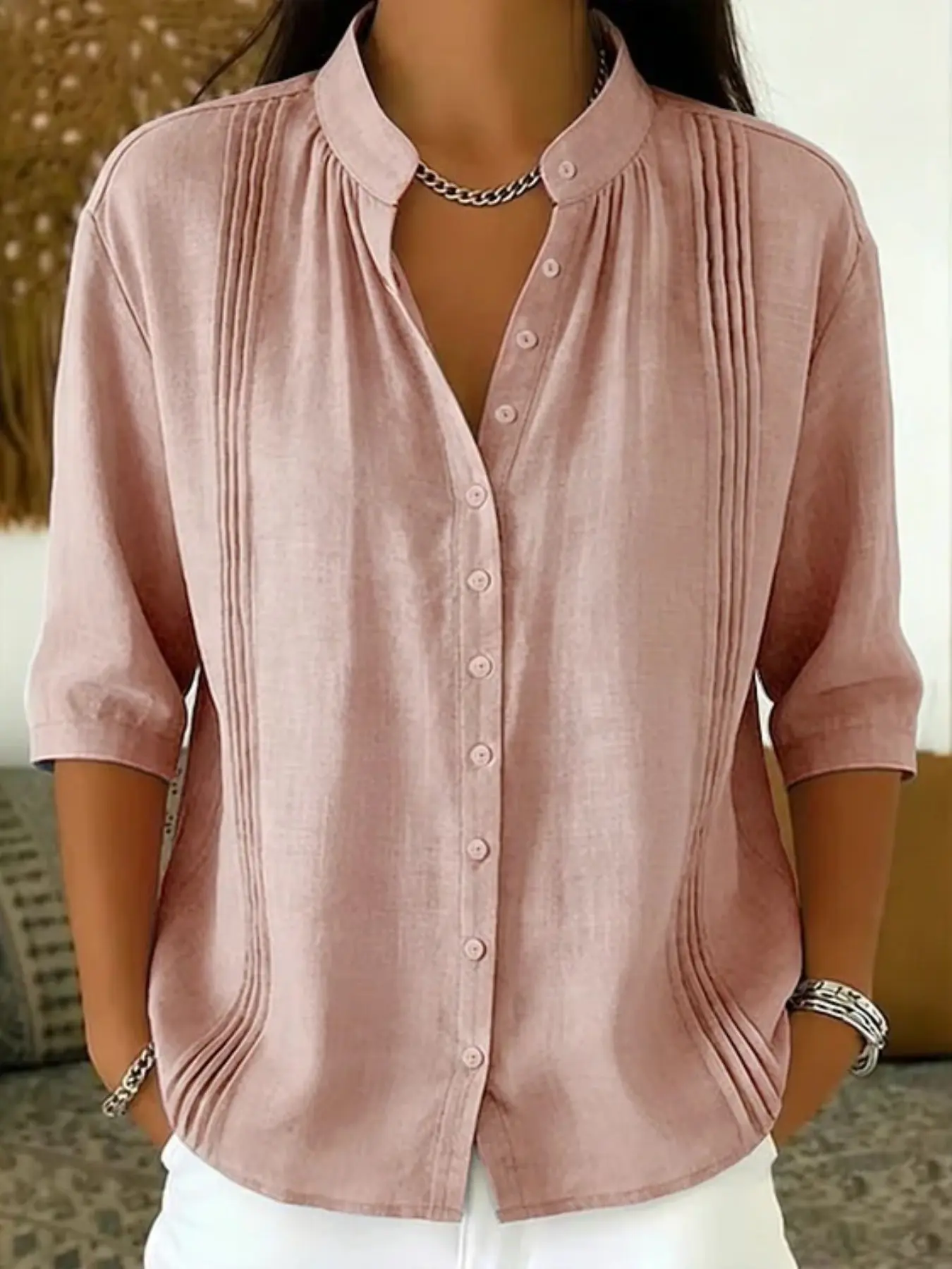 Stand Collar Pleated Shirt with Single Button, Mid Sleeve Loose Fit Casual Commuter Women's Top, Comfortable Daily Wear