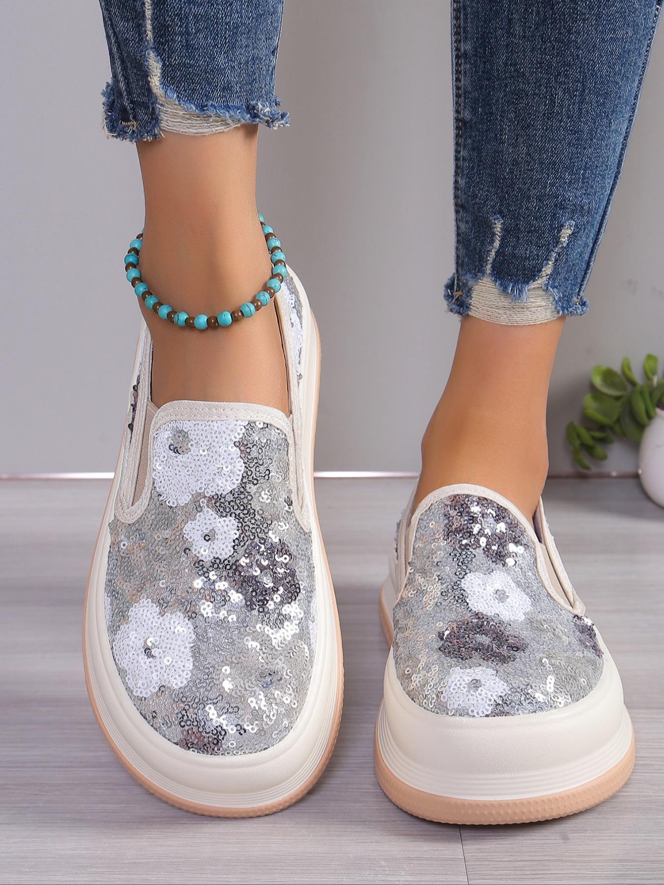 Fashionable Ditsy Floral Pattern Sequin Decorated Slip on Thick-soled Slipon Sneakers, Casual Comfortable Round Toe Low Top Shoes for Women, All-match Commuter Shoes for Work & Daily Wear