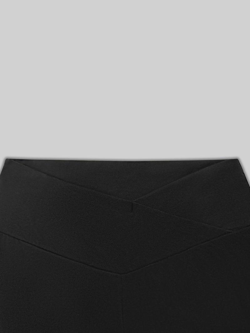 Women's Plain High Waist Rib Flares Leg Pants, Casual Overlap Bell Bottom Trousers, Ladies Summer Bottoms for Daily Wear, Casual Chic Trousers