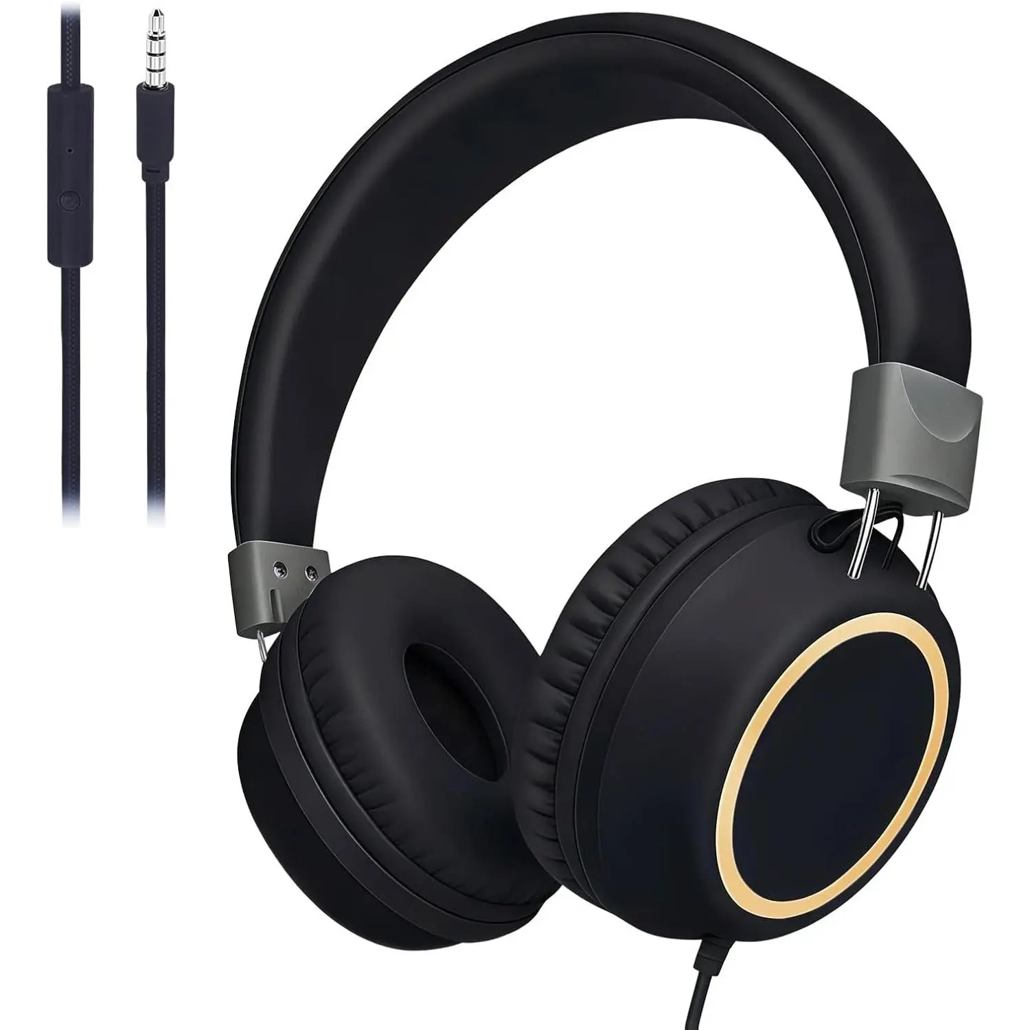 Foldable Headphones,  Headphones with Cord for School Plane Travel, Lightweight Stereo Wired  Earphones with  Mic for Boys Girls for  Cellphone Tablet - Black