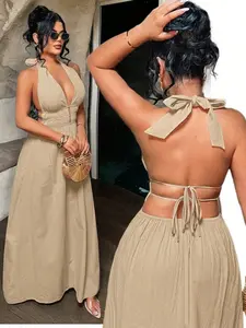 Women's Solid Color Deep V Neck Pleated Design Sexy Dress, Essential Summer Fashion Item for Women, Stylish, Elegant and Alluring Evening Wear