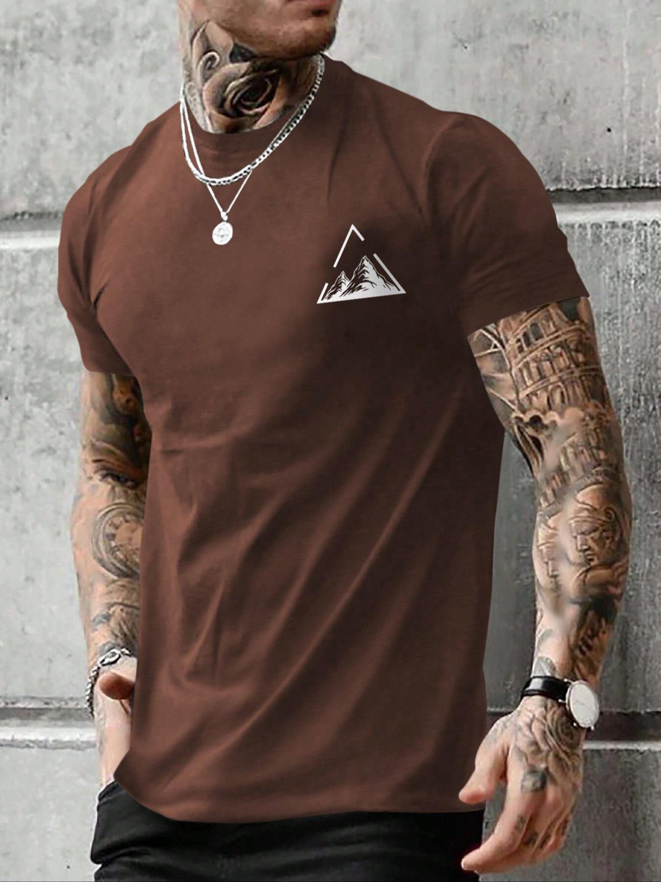 Men's Mountain Print Round Neck Tee, Casual Short Sleeve Crew Neck T-shirt for Summer, Men's Top for Daily Wear, Athletic Shirt, Athletic Sports Clothing, Athletic Apparel, Sporty T Shirt, Athletic Fashion Activewear, Athletic T Shirts