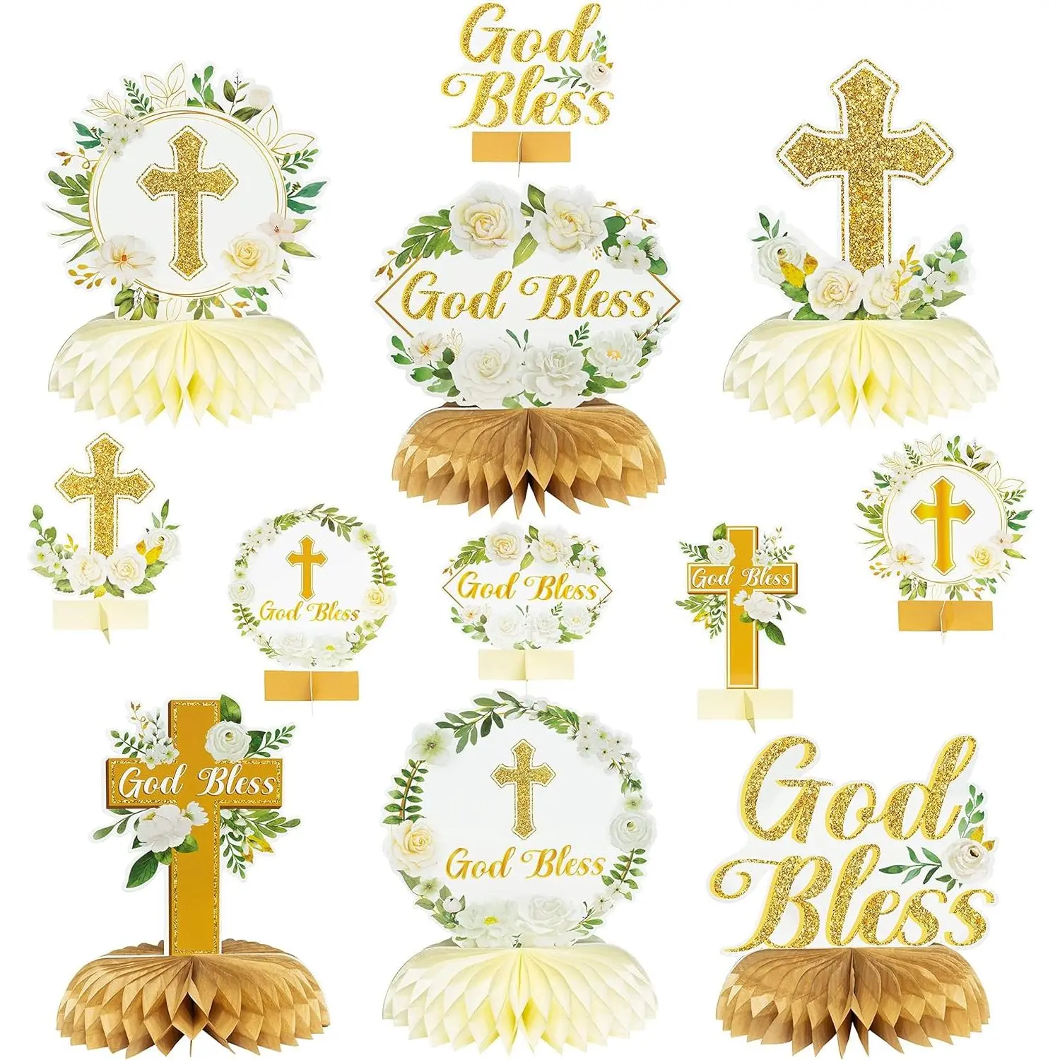 White Gold Floral Honeycomb Centerpieces - 12Pcs Cross Rose Greenery God Bless Baptism Party Decoration Shower First Communion Birthday Party Supplies for Boy Girl 3D Wedding Table Topper