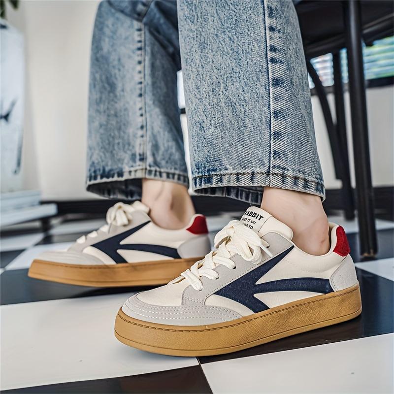 Men's Retro Color Block Thick-Soled Skate Shoes, Comfortable Non-Slip Durable Lace-Up Rubber Sole Canvas Sneakers, Men's Shoes