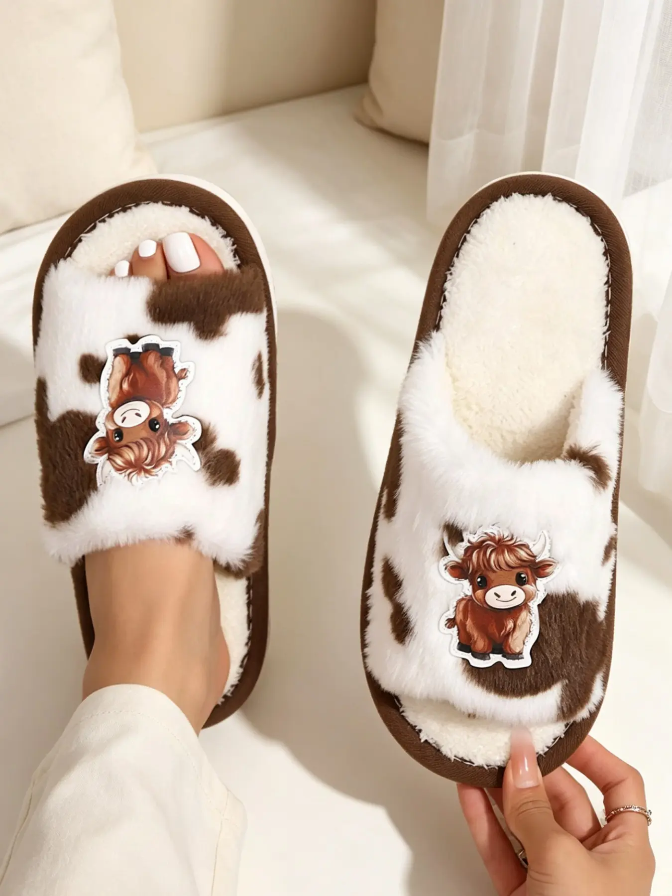 Women's Cute Comfortable Indoor Plush Slippers, Cartoon Highland Cow Pattern, Soft Sole Anti-Slip, Casual Home Footwear