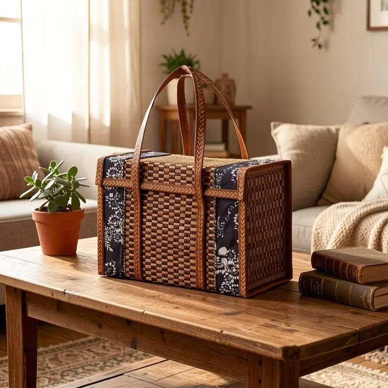 Fashionable Vintage Bamboo Basket, Storage Basket with Lid, Retro Lace Design, Stackable and Foldable, Multi-Functional Gift Box, Large Capacity Home Organizer