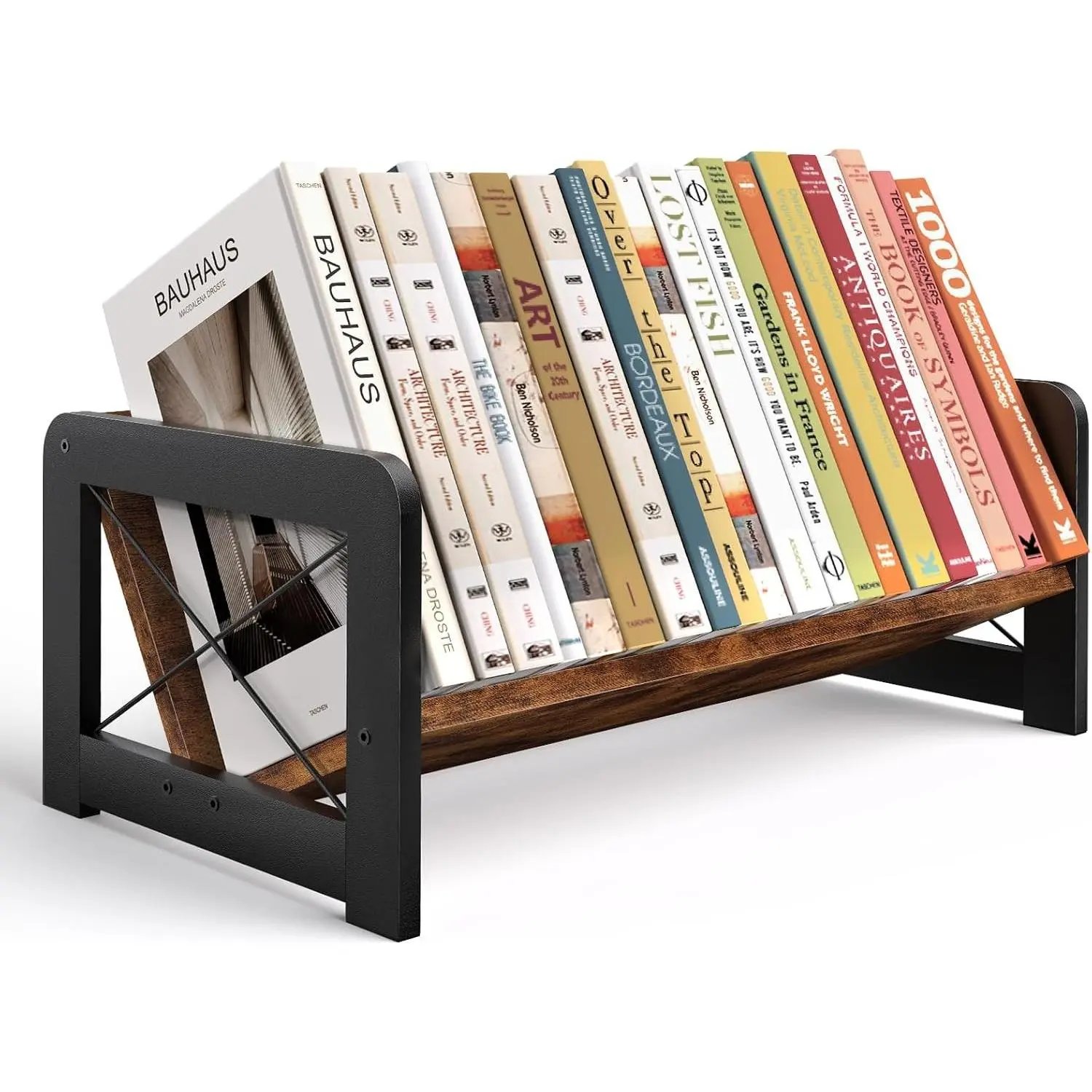 Desktop Bookshelf Organizer, Wood Slanted Desk Bookshelf, Small Tabletop Book Rack, Portable Mini Bookcase for Book Display, Cookbooks, Kids Reading, Office & Home Storage, Rustic Brown