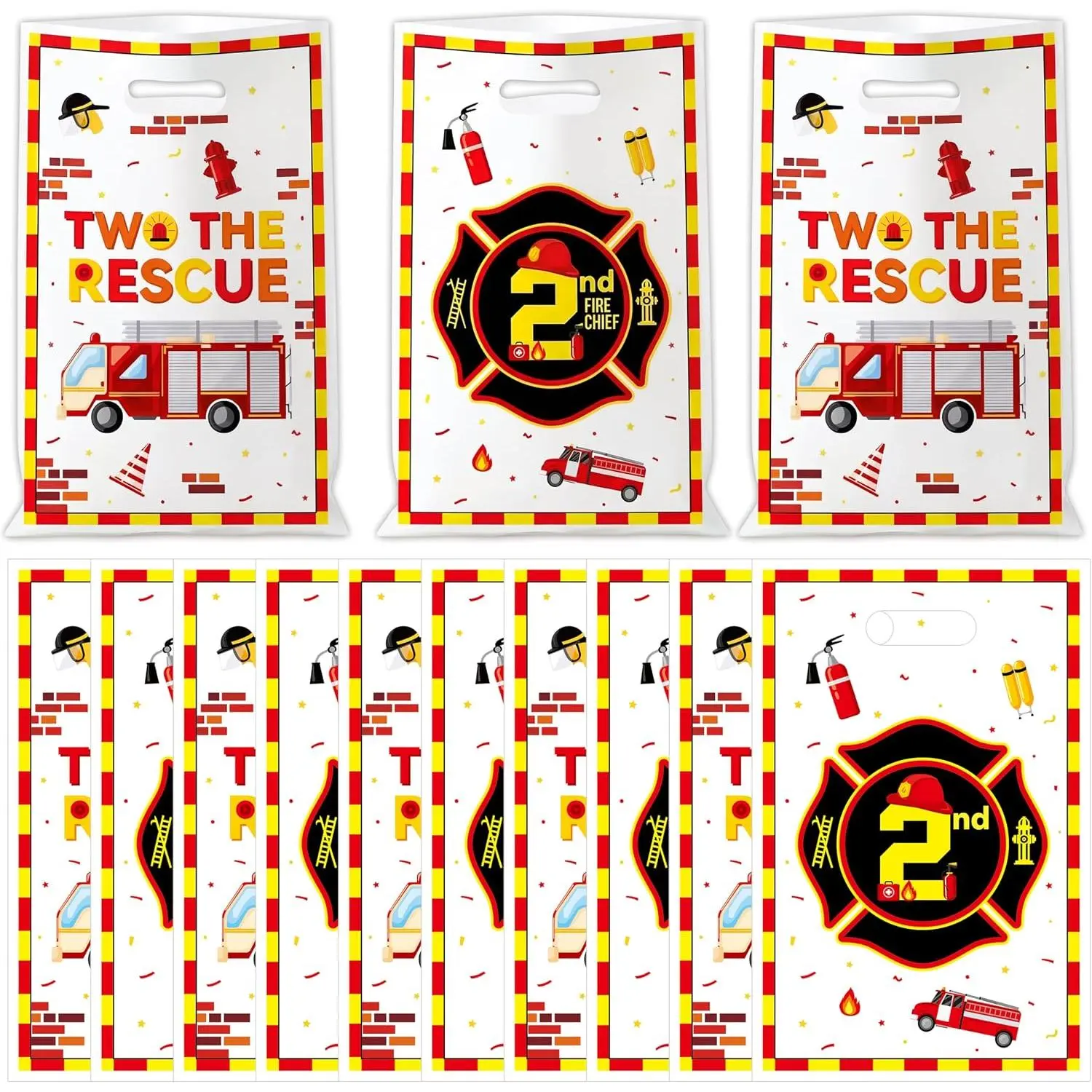 Two the Rescue Party Bags - 50 count Firefighter 2nd Birthday Plastic  Bag Red Yellow Fire   Warp Goodie Candy  Bags with Handle for  Two  Birthday Party Supplies