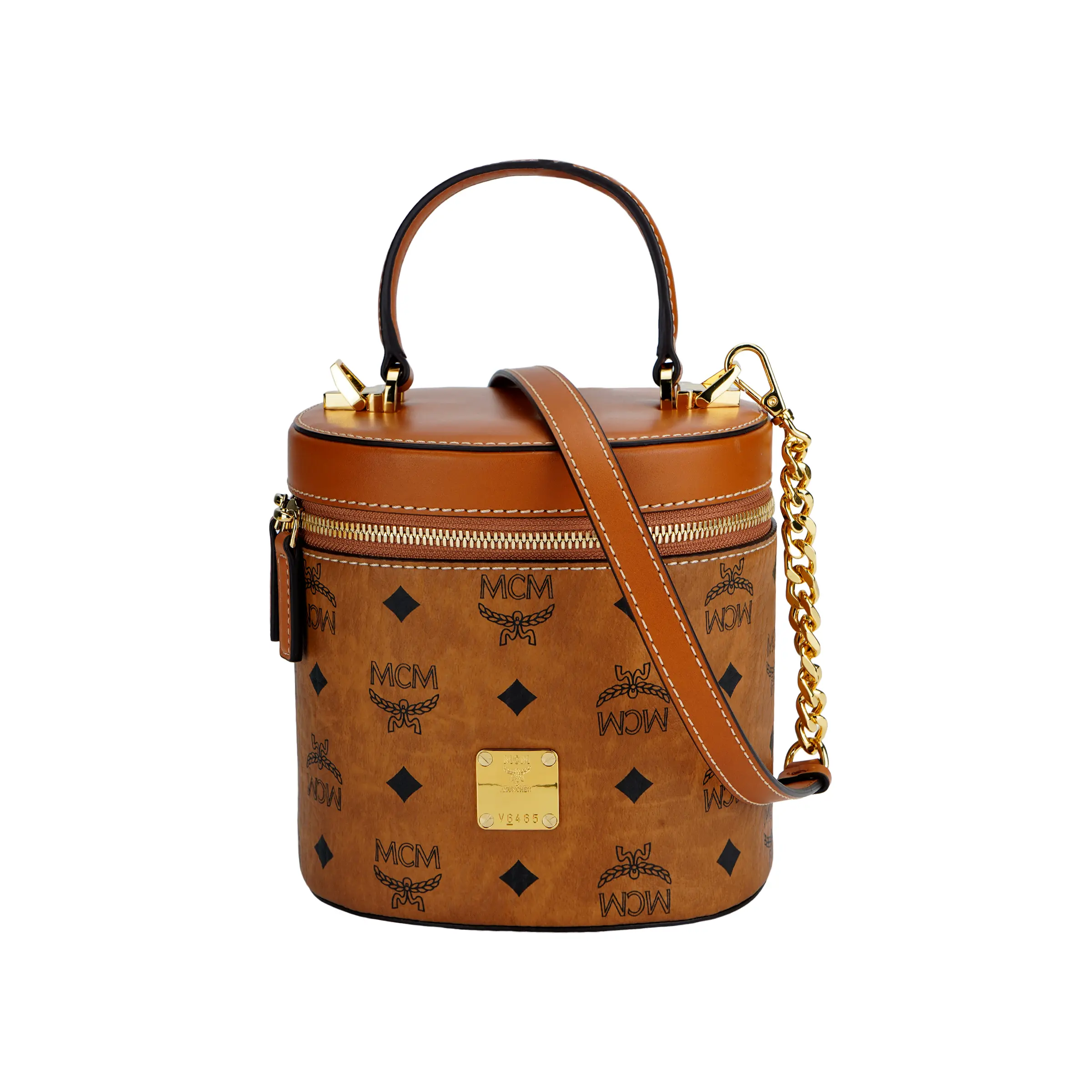 MCM Visetos Mini Cylinder Bag for Women – Classic Monogram Leather Handbag in Brown and Cognac