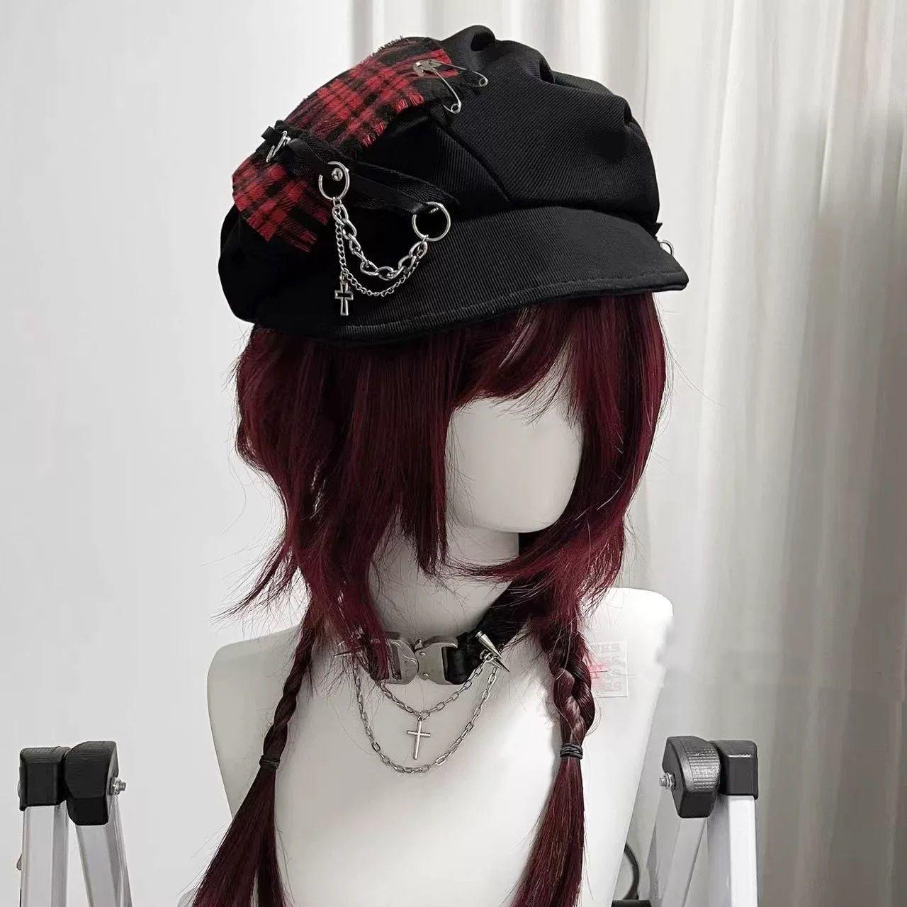 Women's Hat Sweet Cool Style Y2K Subculture Punk Millennial Spice Cross Neutral Dark Checkered Beret Hat Cute Hat Gothic Lollita
