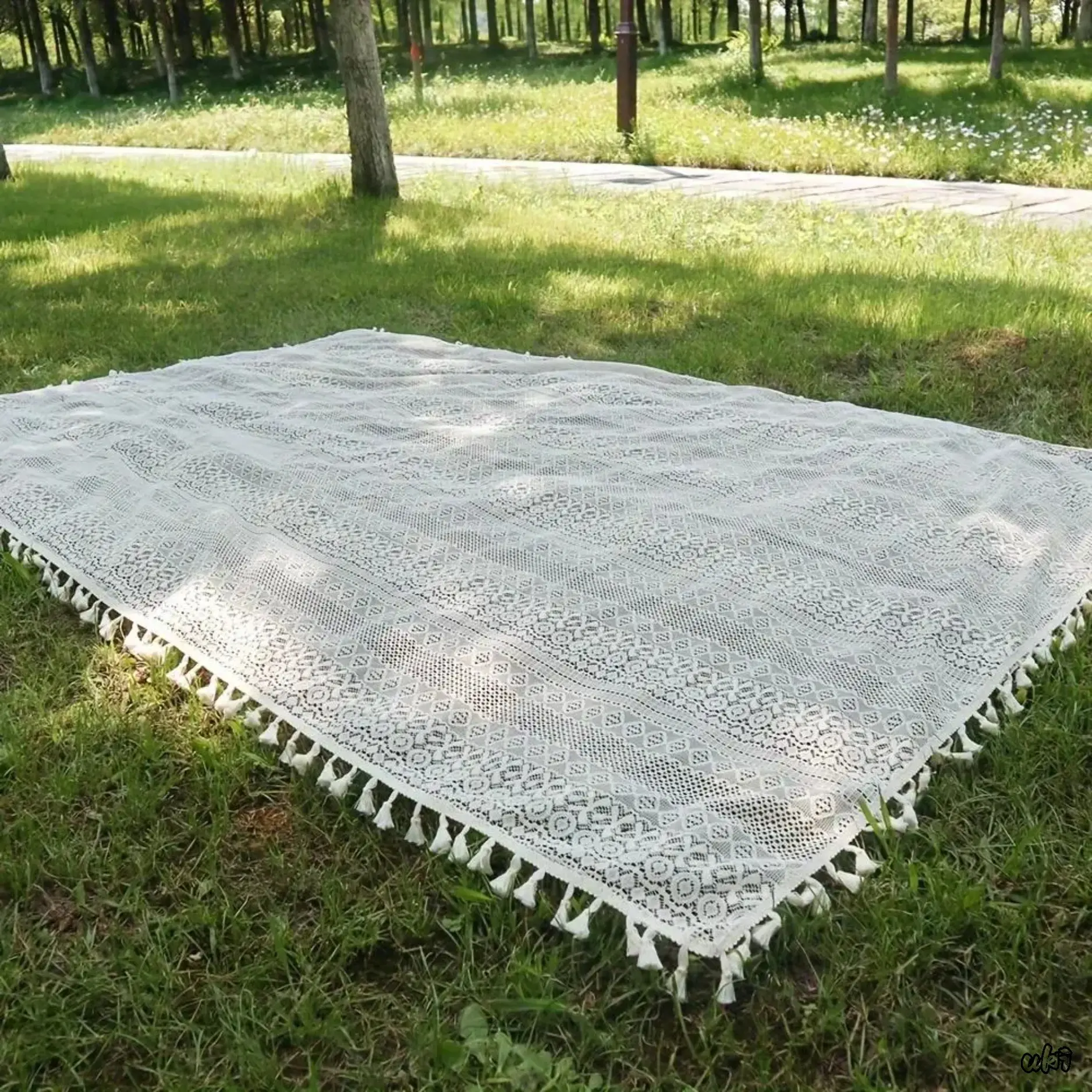 Boho Lace Picnic Blanket with Tassel Trim, Water-Resistant Foldable Outdoor Blanket, 59x39in Portable Mat for Beach & Camping, Fabric, Picnic Mat, 59*39Inch/150*100Cm, Built-In Carry Strap