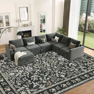 Washable Area Rug - Ultra Soft, Low Pile, Non-Slip Rubber Backing, Collapsible, Non-Shedding Vintage Floral Accent Carpet for Living Room, Bedroom, Nursery, Dining Room - Rice Flour Blue