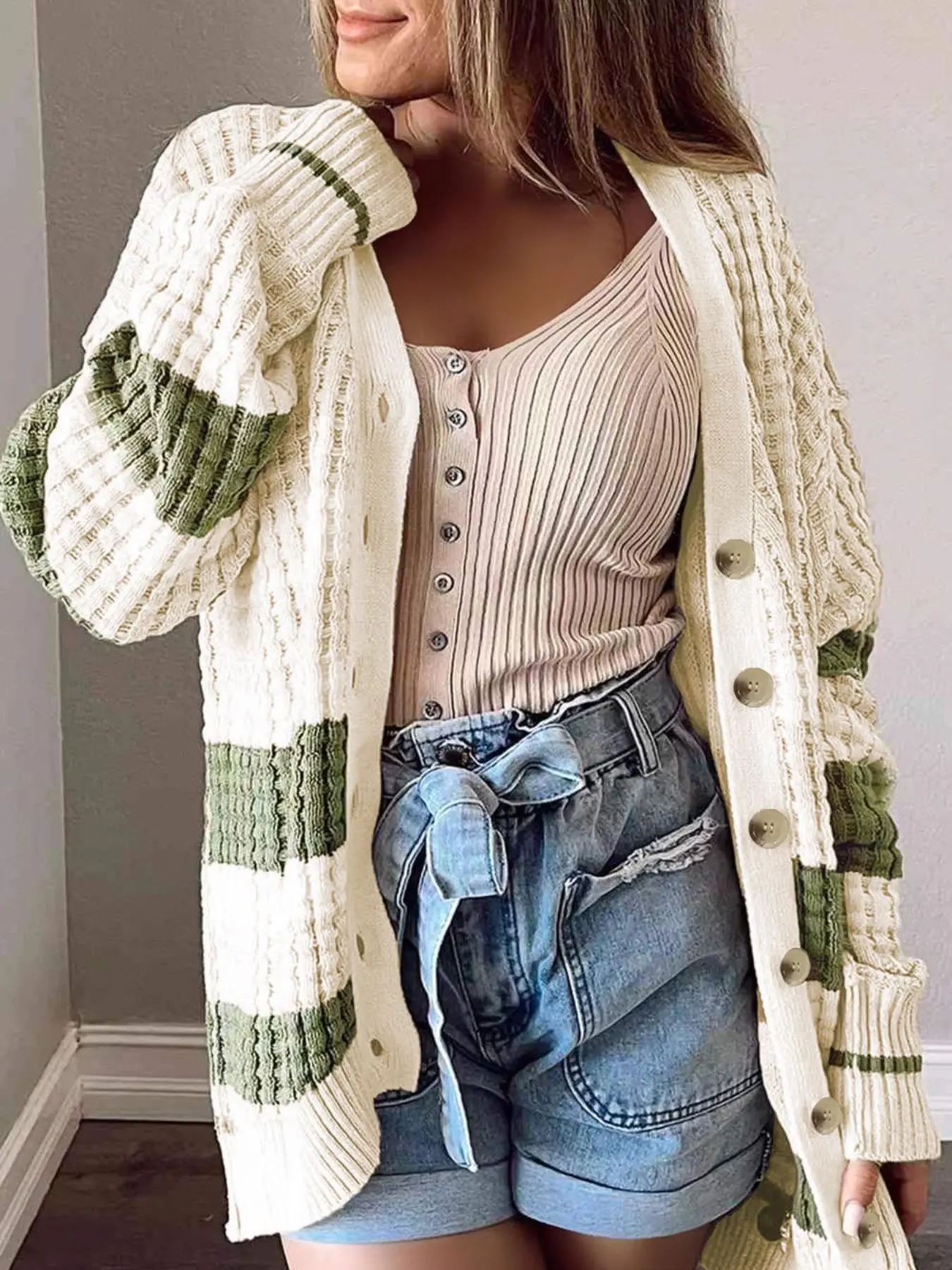 Women's Colorblock Button Front Loose Cardigan, Cardigan for Women, Casual Chic Aesthetic Drop Shoulder V Neck Long Sleeve Knitwear, Ladies' Knit Clothing for Daily Wear, Going Out Outfits 2024, Tops, Everyday, Knitting
