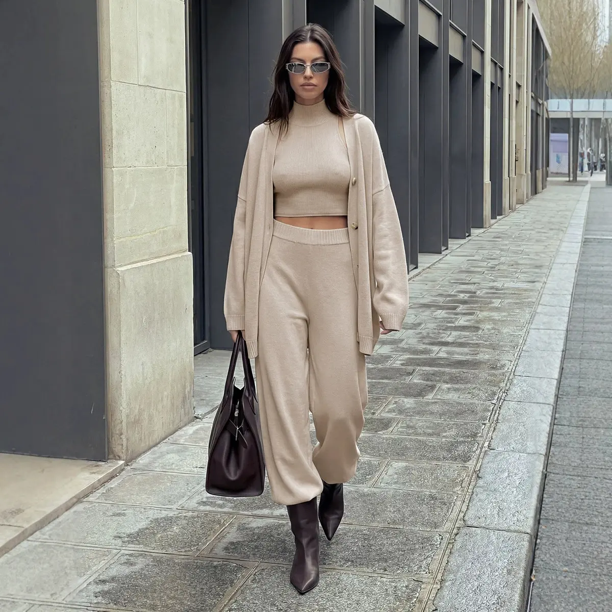 Women’s 3-Piece Knit Set, Long Cardigan, Mock Neck Sleeveless Crop Top & Wide-Leg Pants, Soft Elegant Lounge Matching Outfit for Fall, Travel, Work & Everyday