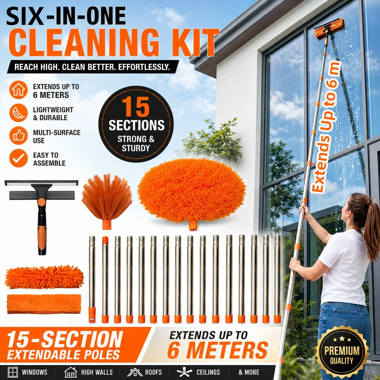 6M Extendable Window Cleaning Kit, 15-Section Extension Pole with Glass Squeegee, Microfiber Duster & Cobweb Brush for High Windows, Ceilings, Walls, Gutters & Solar Panels