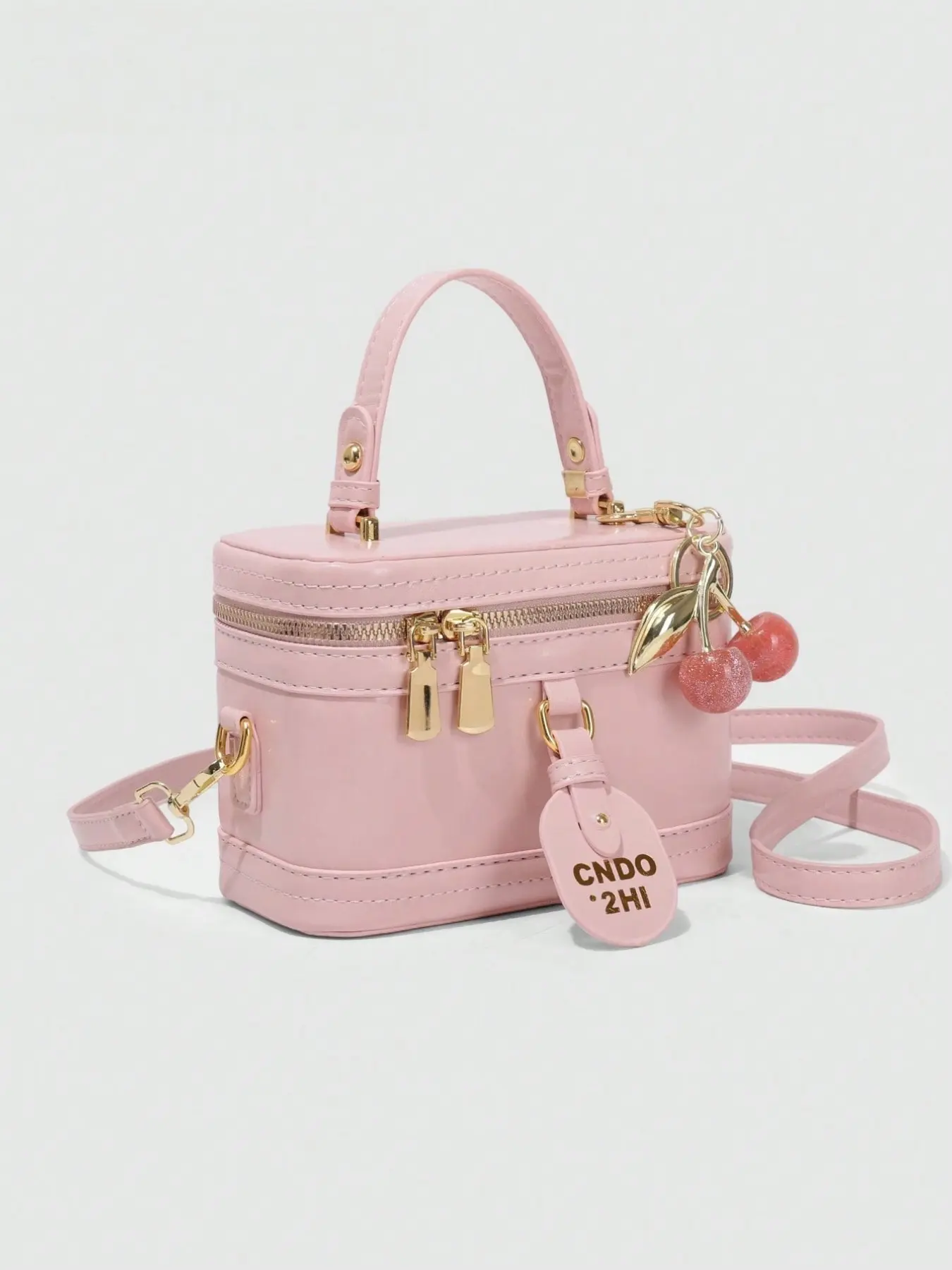 Cute Baby Pink Sweet Cherry Pendant Decor Small Vanity Case Shoulder Crossbody Bag Mini Box Handbag for Women , Double Zipper Hard Top Handle Purse Detachable Adjustable Shoulder Strap Luxury Gold Hardware Tiny Shoulder Bag for Party Date Daily Outfit