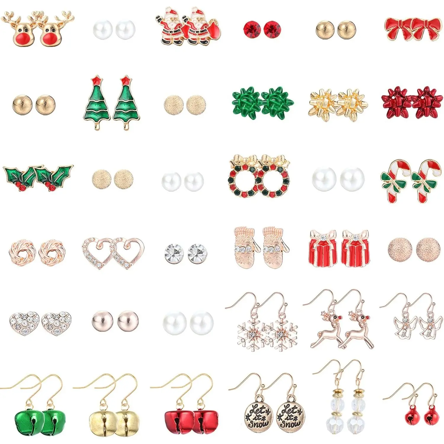 FUNRUN Aesthetic Holiday Earrings Jewelry Set (36 Pairs) • Cute Xmas Tree Snowflake Santa Ear Studs • Trendy Festive Party Jewelry Gift for Women