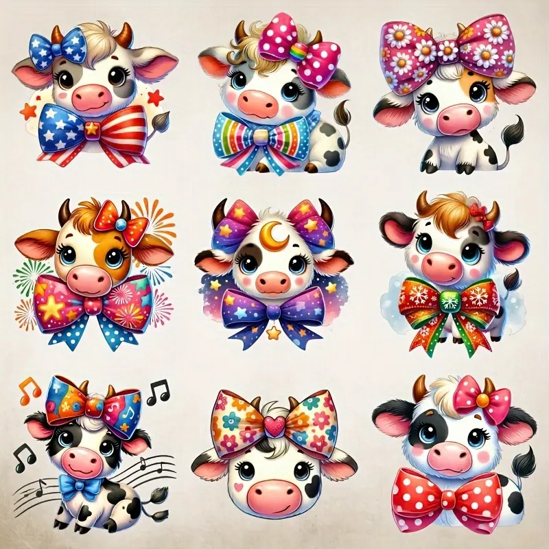 9pcs Funny Cow Bow Tie Heat Transfer Vinyl Stickers Colorful Iron-on Patches DIY for T-shirts Jeans Decor Accessories