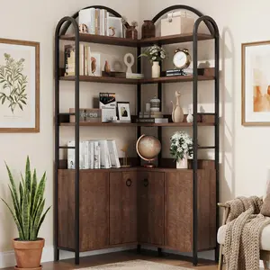 Garvee Corner Bookshelf with Storage, 74.5" Corner Bookcase with Cabinet, Large l Shaped Bookshelf Arched 6 Tier Corner Bookcase with Metal Frame for Living Room Bedroom