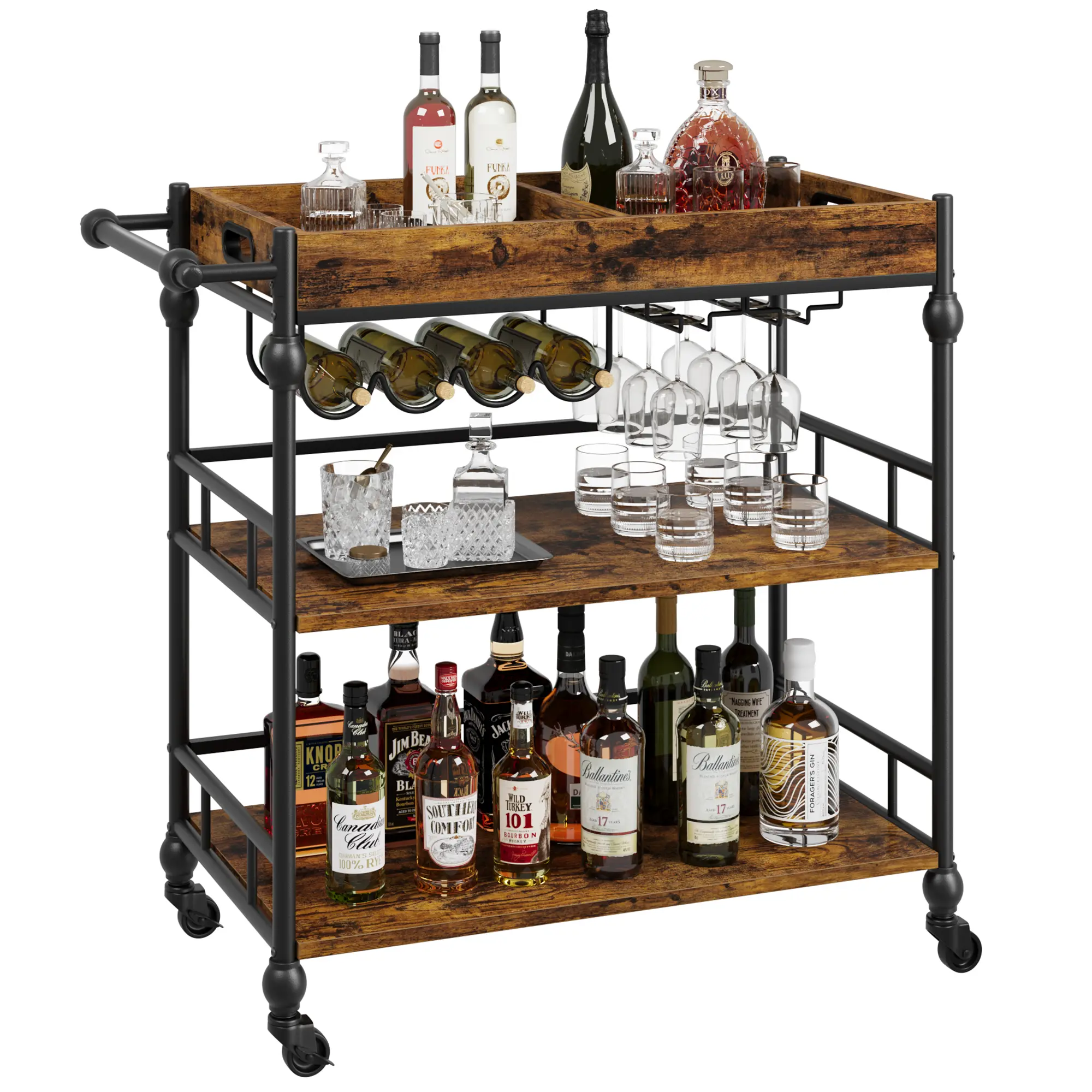 Bar Cart for the Home, 3-Tier Serving Cart with Wheels and Handle, Beverage Cart with Wine Rack and Glass Holder