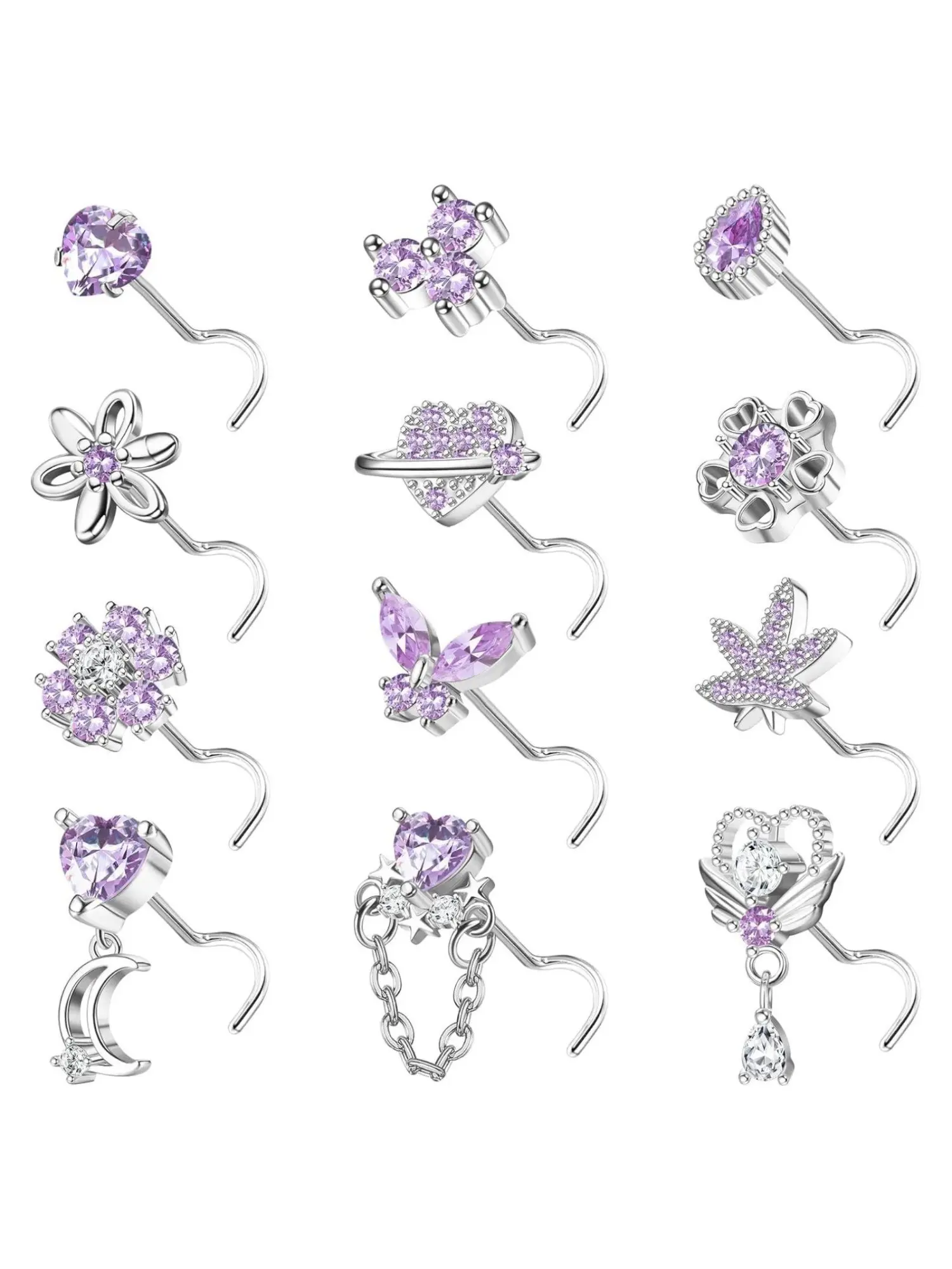 Delicate 12 Pcs Purple Silvery Nose Studs 20G Copper 304 Stainless Steel Nose Rings Set for Women Men S Shaped Corkscrew Dangle Nose Studs Rings Piercing Jewelry Sparkling CZ Heart Moon Butterfly Nose Rings Studs High Quality Gems For Piercings Jewelry