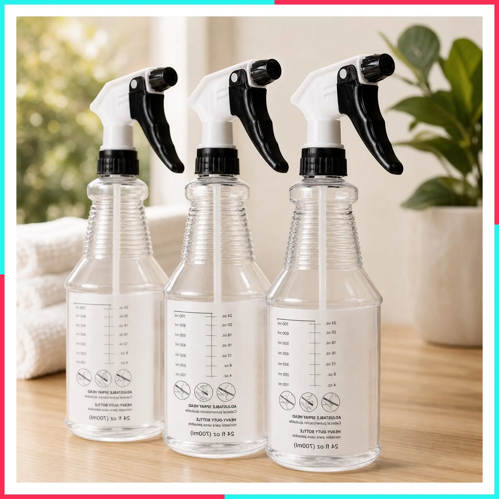 Plastic Spray Bottles 24 oz, 3-Pack for Cleaning, Car Detailing, Planting | Heavy-Duty Empty Sprayer, Leak-Proof, Better Trigger, Adjustable Nozzle, Measurement Marks