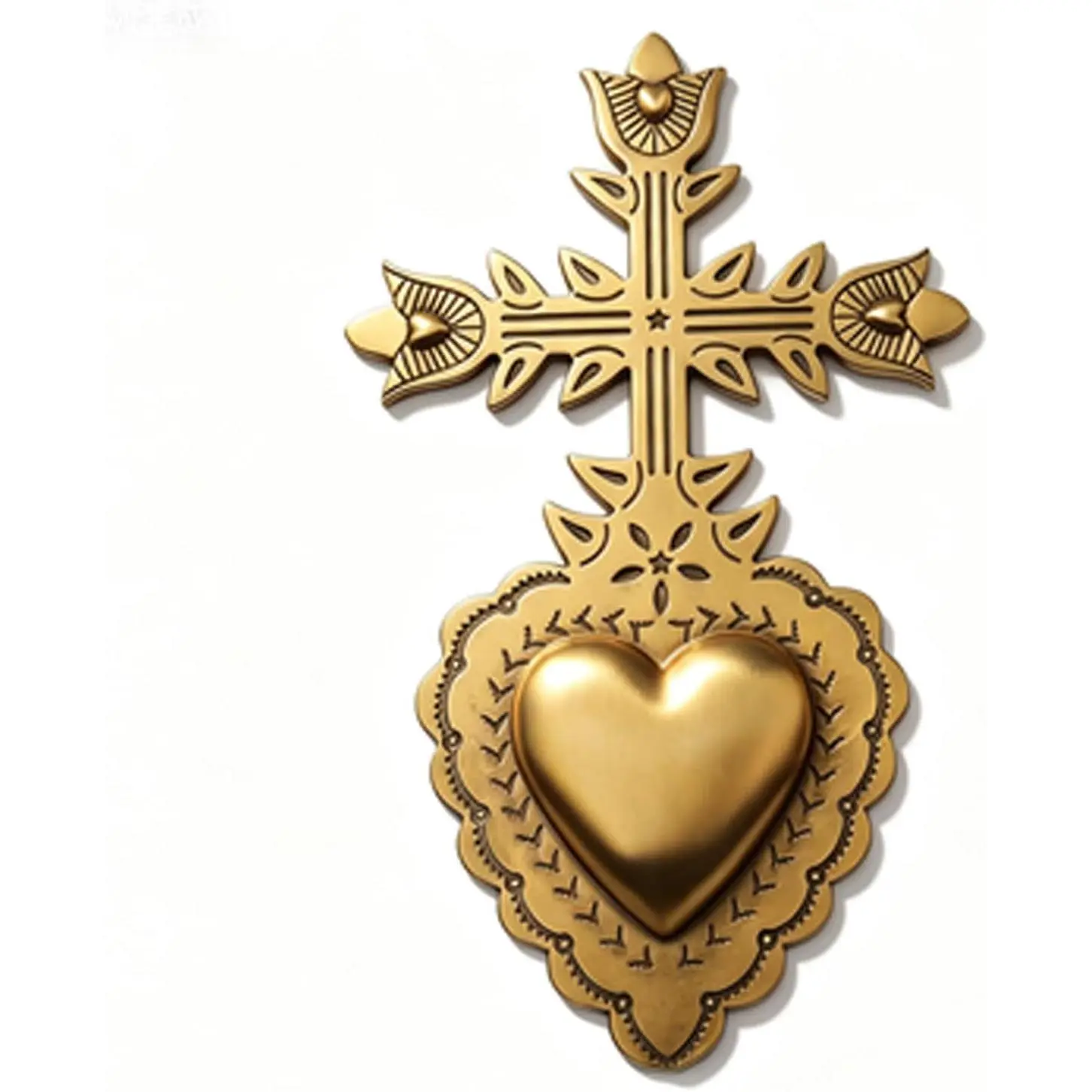 Golden Wall Cross-Saint Heart Miracle Decorative Wall Cross, Antique Gold Heart Design, Vintage Religious Home Deco