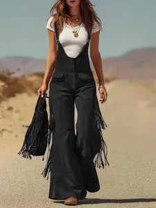 2026 New Western Style Suede Fringe Wide Leg Pants, Vintage Buckle Design, Long Loose Fit, Perfect for Daily Wear