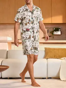 2-piece set for men, Western cowboy-themed short-sleeved top with cactus print and shorts featuring soft and comfortable fabric, small pockets, elastic waistband, suitable for all seasons, home wear, casual leisure, men's pajama set