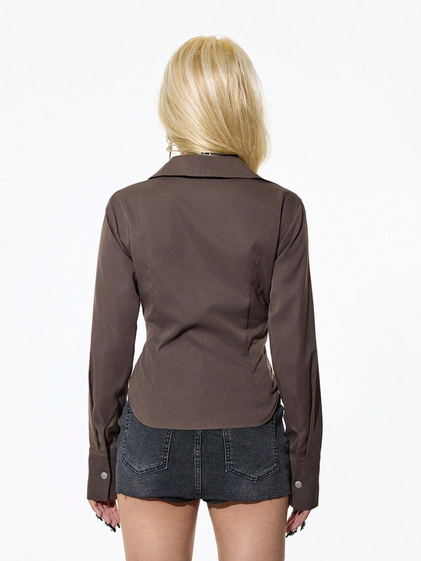 Women's Long Sleeve Brown Western Blouse, Metal Eyelet Pocket Silver Snap Button Shirt, Curved Hem Slim Fit Design, Y2K Trendy Daily Top for Street Shooting, Dating & Casual Daily Looks