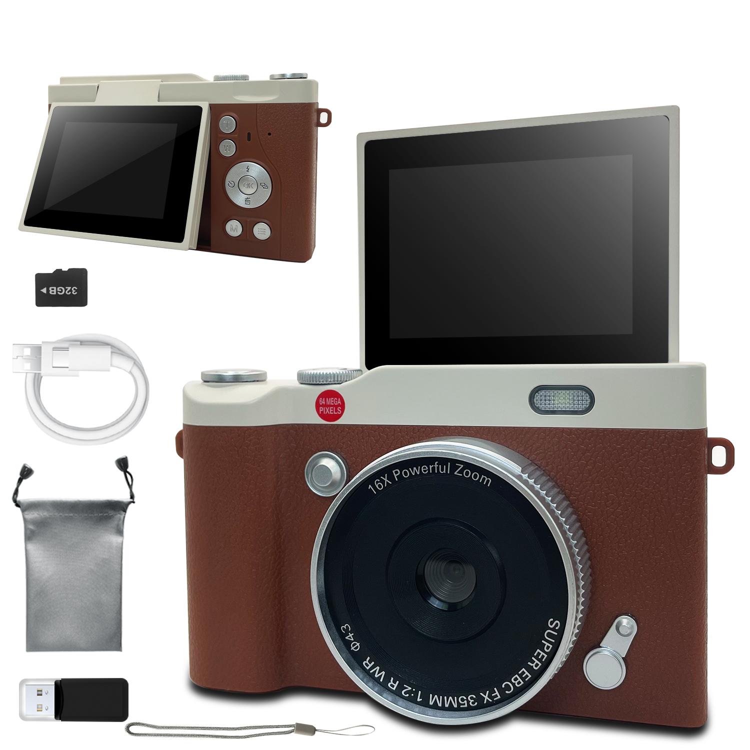 180° Degree Flip Cover, 1080P Pixel Fashion Retro Style, Multiple Filters Included, Comes with Storage Bag & 32GB Memory Card Reader, Electronic Portable Camera