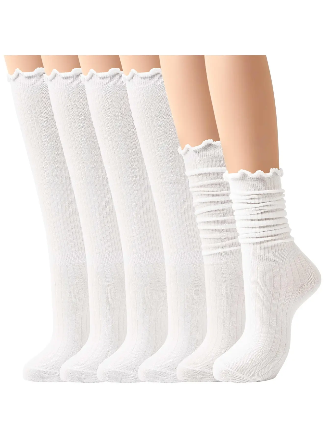 6 Pairs Women Ruffle Knee High Knit Socks Frilly Scrunch Socks Cute Frilly Socks for Boots Sneakers Loafers
