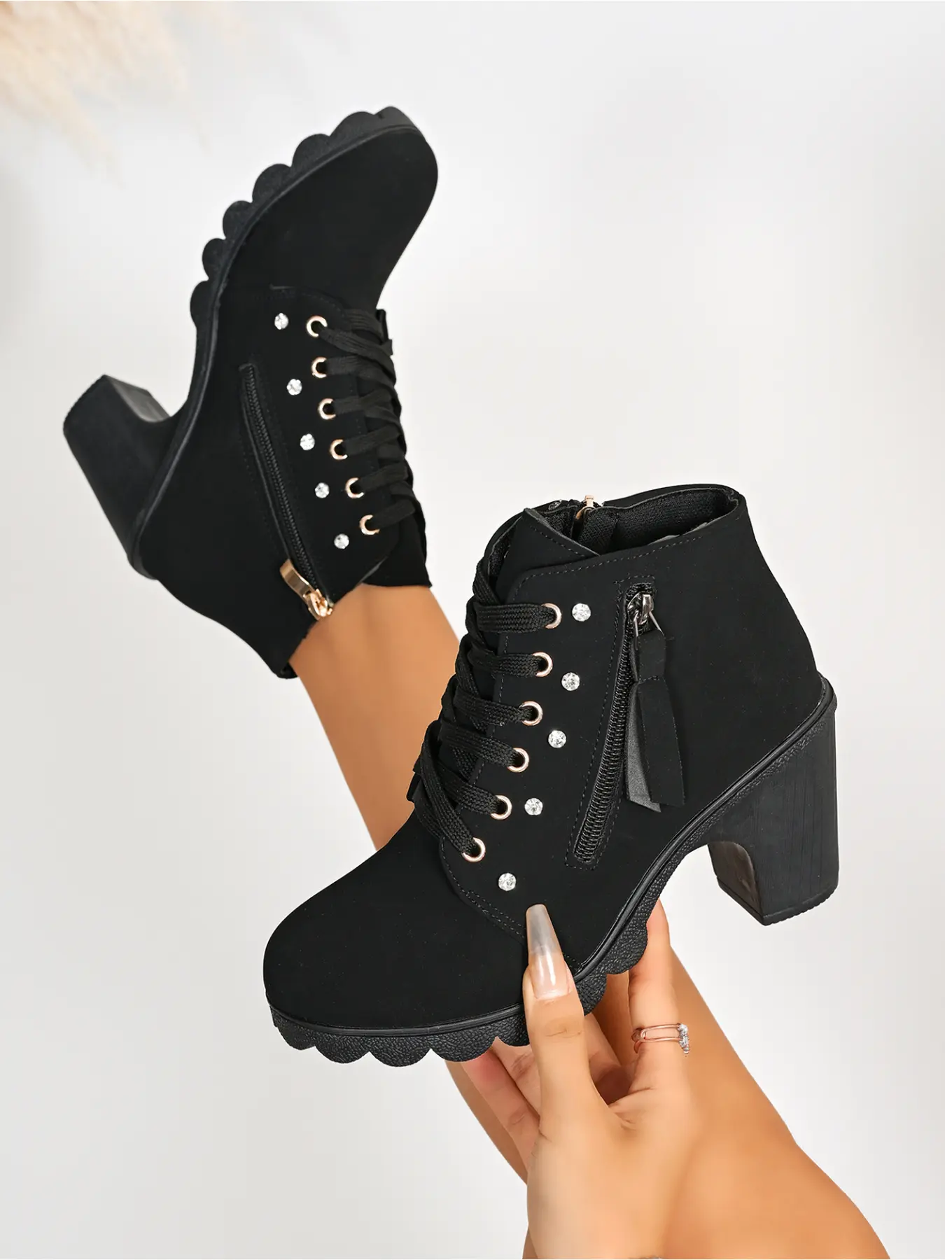 Ladies Sweet Punk Ankle Boots Rhinestone Decor Lace Up Scalloped Sole Side Zip Chunky Heel Casual Fashion Footwear