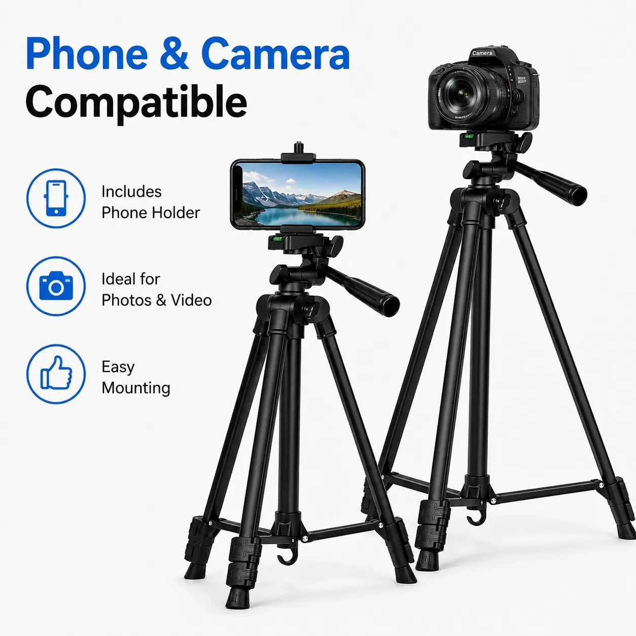 360° Rotating Camera Tripod Stand, 140cm Adjustable Iron Tube, Portable Dslr Tripod with Phone Holder, Phone Selfie Tripod, Ideal for Video & Photography