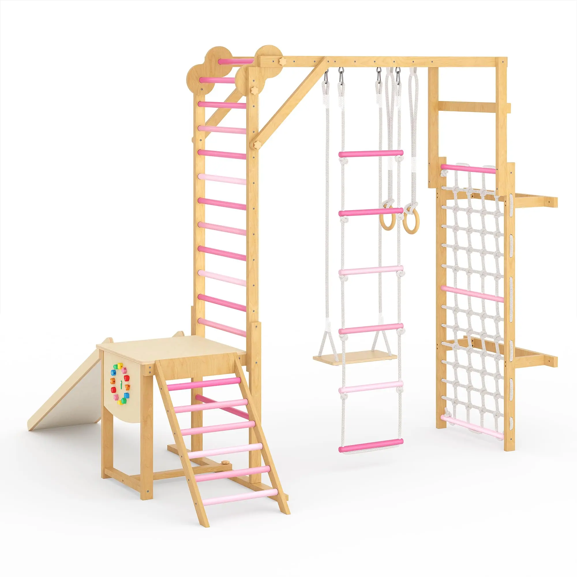 8-in-1 Wooden Indoor Jungle Gym Set for Kids Ages 3-10 – Climbing Structure with Slide, Swing, Monkey Bars, Gymnastic Rings, Climbing Rope – Colorful Indoor Playground