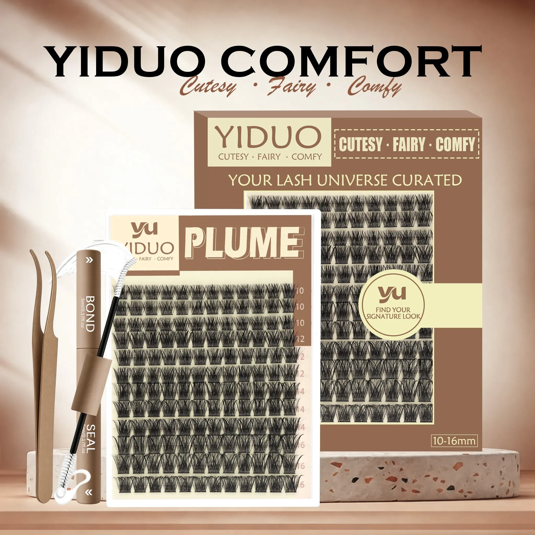 YIDUO  Lash Clusters Kit, 10-16mm D Curly Wispy Lashes, Fluffy False Eyelashes, 0.03mm Ultra-Soft Band, + Tweezers & 2in1 Bond & Seal, Waterproof, Feather-Light, Beginner-Friendly.