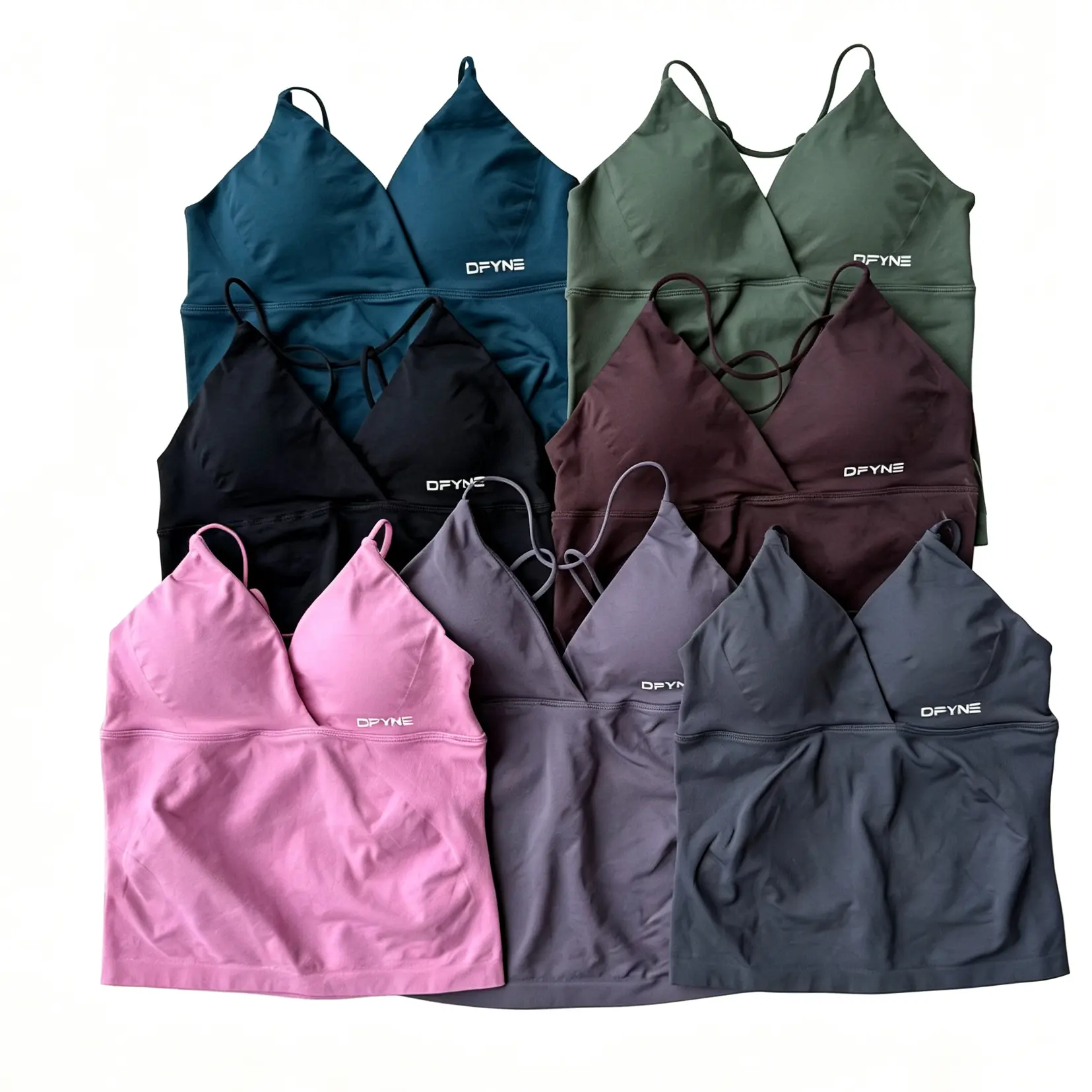 DFYNE Women's Matte Nylon Spaghetti-Strap Cross-Back Longline Workout Tank Top - Wrap V-Neck, Built-in Padded Seamless Cami, Modest Coverage, Strappy Casual Everyday Outdoor Yoga Athleisure Sports Vest, Workout Tops, Removable Cups, Wrap Crossover, Gym, H