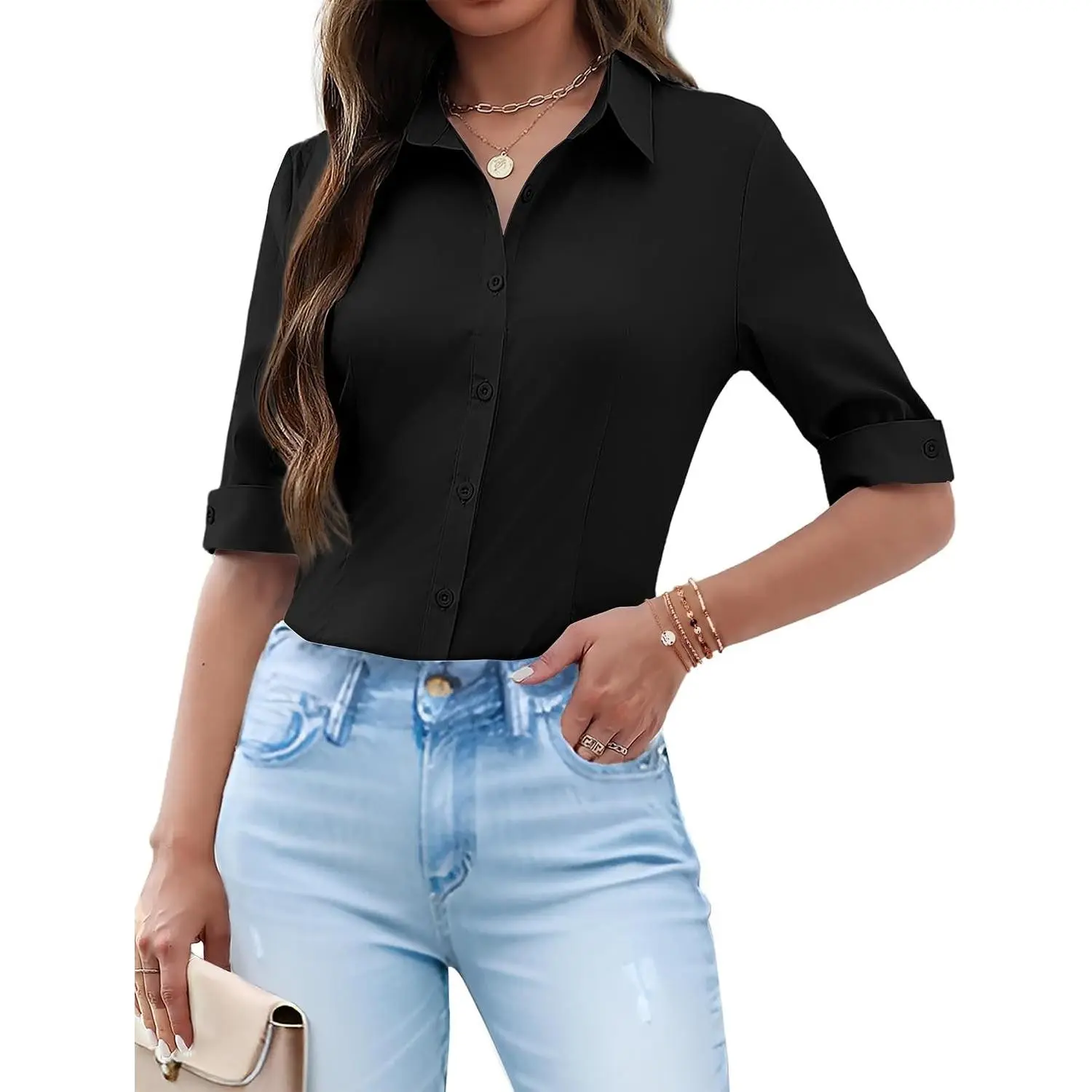 Women's 3/4 Sleeve Button Down Oxford Shirt Business Casual Collared Blouse(Gift)