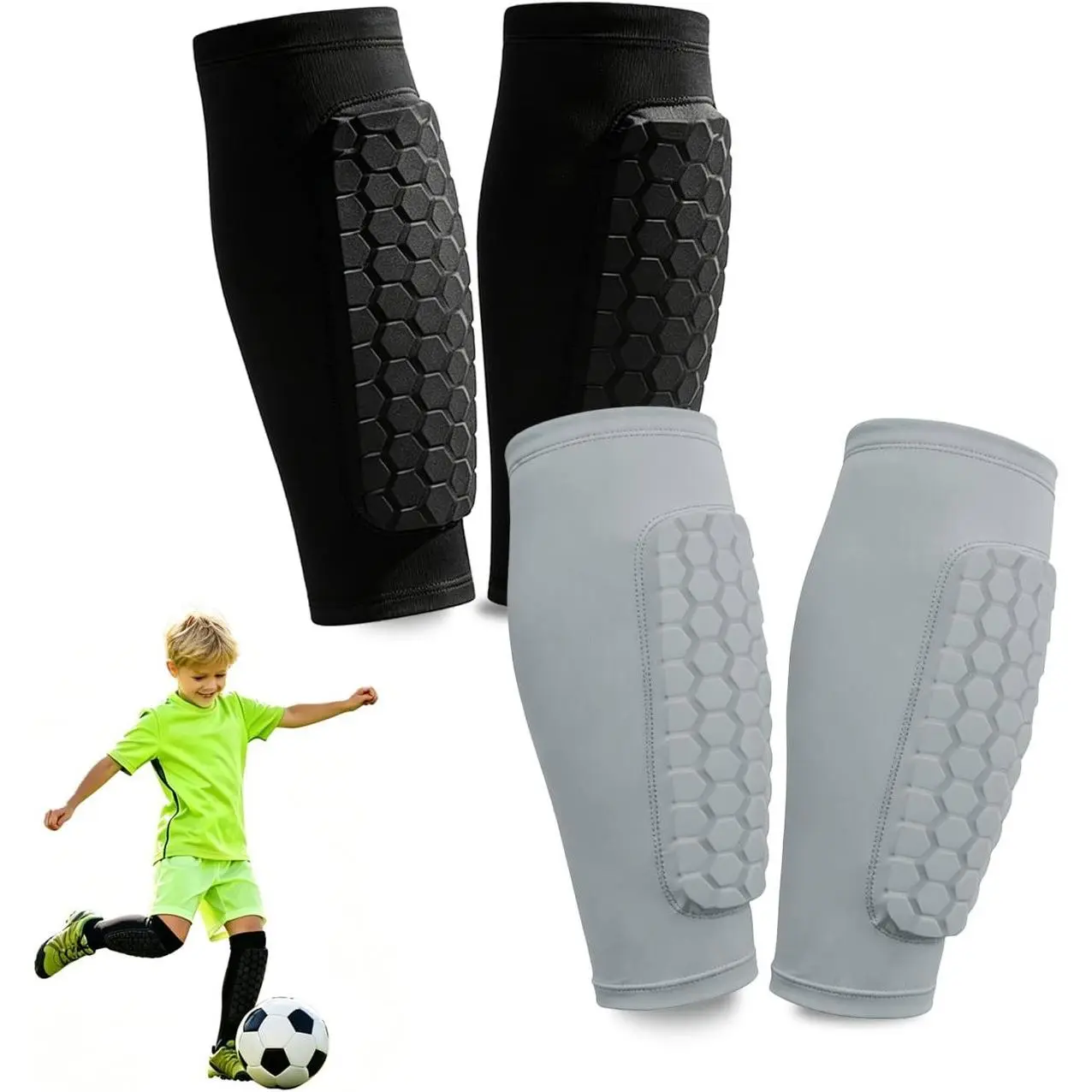 2 Pairs Soccer Shin Guards Kids with Honeycomb Pads | Shin guards soccer with Honeycomb shock-absorbing pads suitable for Pickleball Football Ski MTB