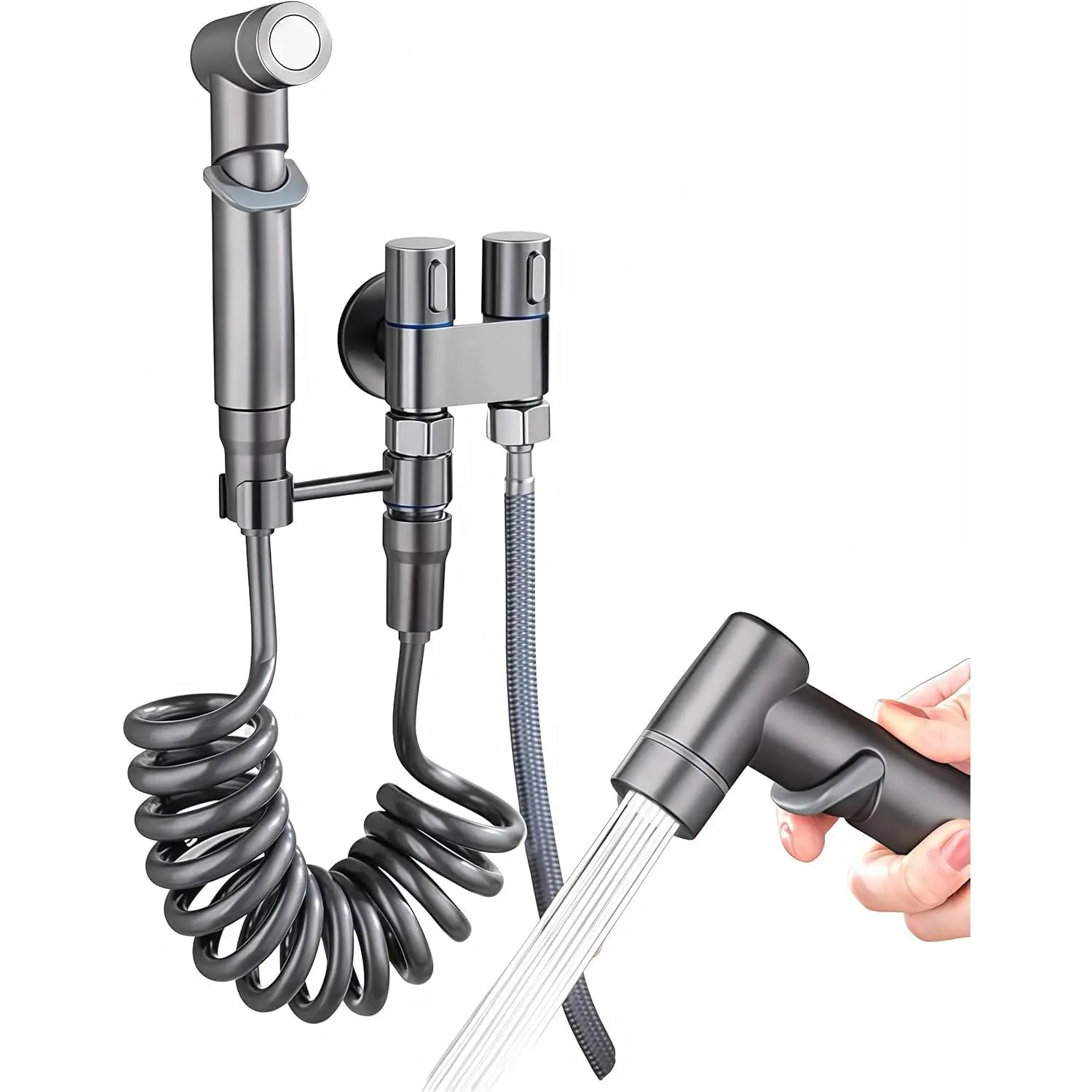 1-In-2-Out Bathroom Faucet, Double Handle Valve Bidet & Shower - 2-Way Control with Faucet (Gray)