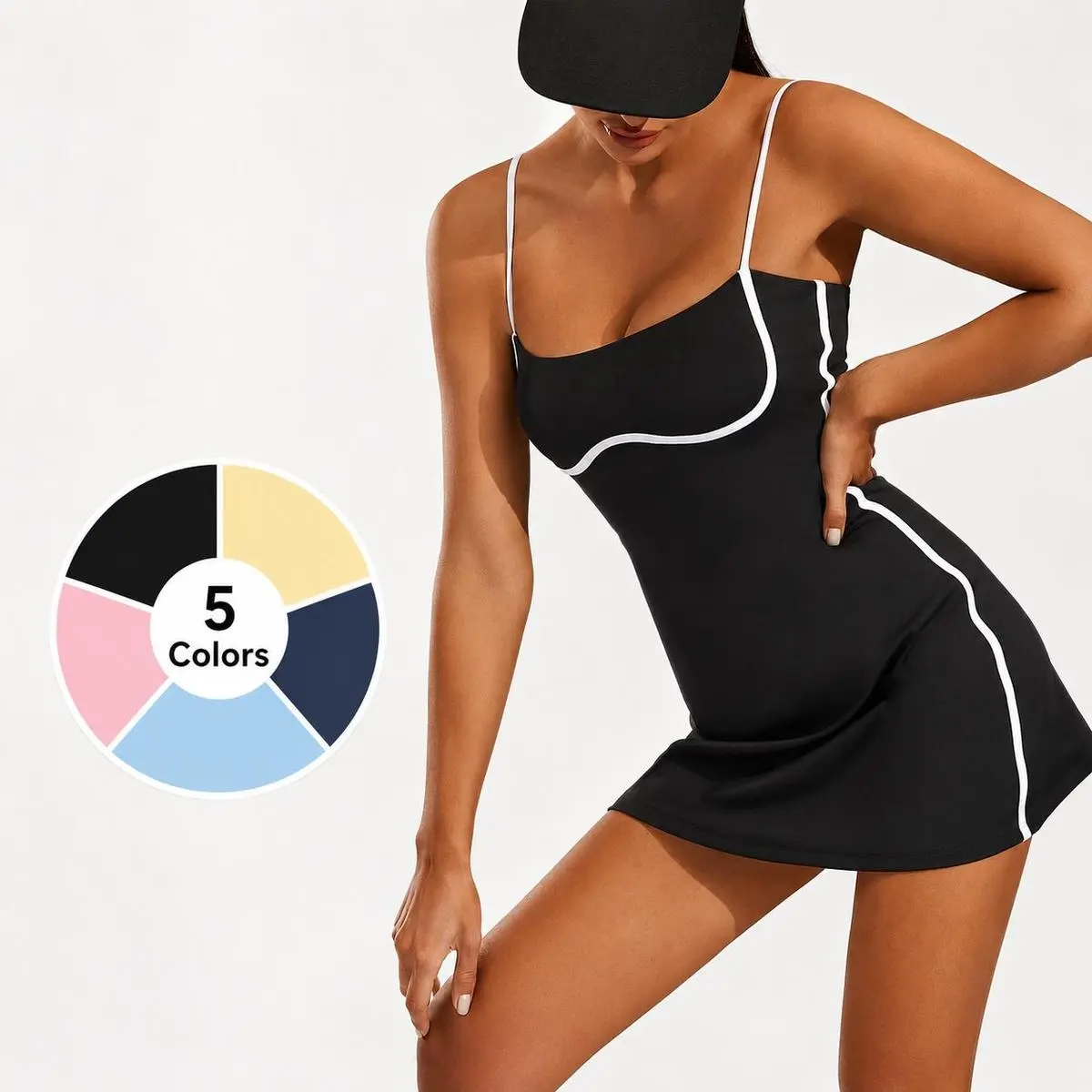 Female Square Neck Tennis Athletic Dress, Sleeveless Athleisure Workout & Golf Outfit with Built-in Shorts, Pockets & Removable Bra, Athleisure Workout Dress