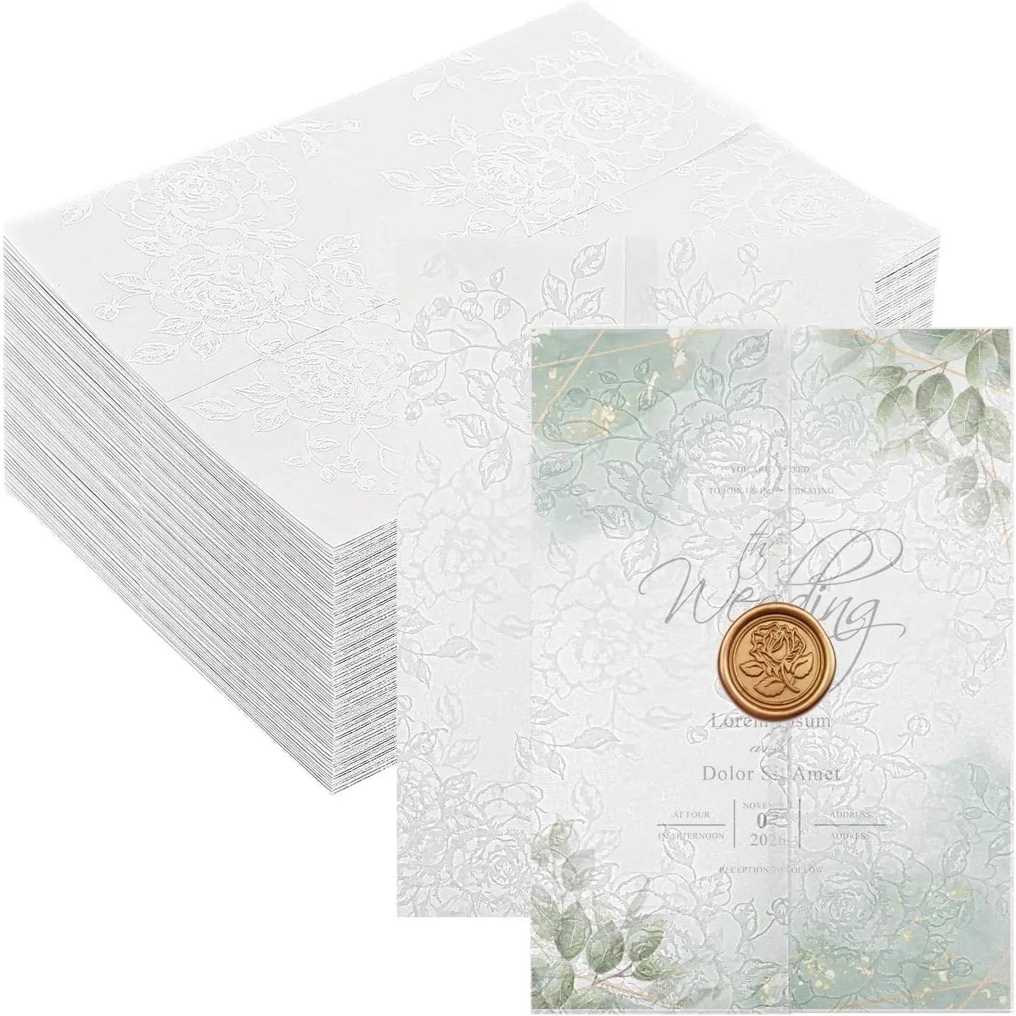 60 Pack Floral Vellum Jackets for 5x7 Invitations, Pre-Folded, 115Gsm | Translucent Floral Vellum Wraps, Thick 115Gsm Paper, Fits 5x7 Invitation Cards, Ideal for Weddings, Showers and Parties