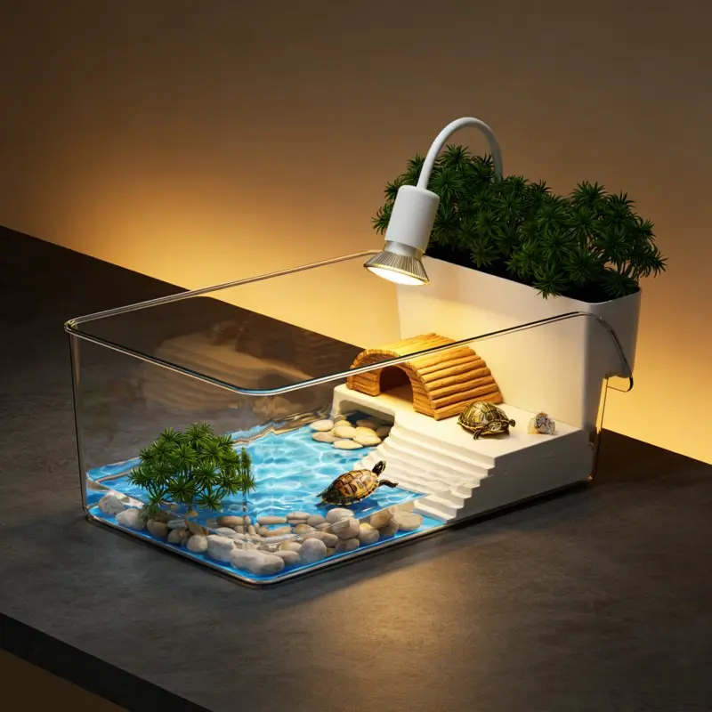 Transparent Acrylic Turtle Tank Enclosure with Sun Platform and Plant Tray, Multi-Functional Aquatic Habitat, Large Top Opening Tortoise Cage