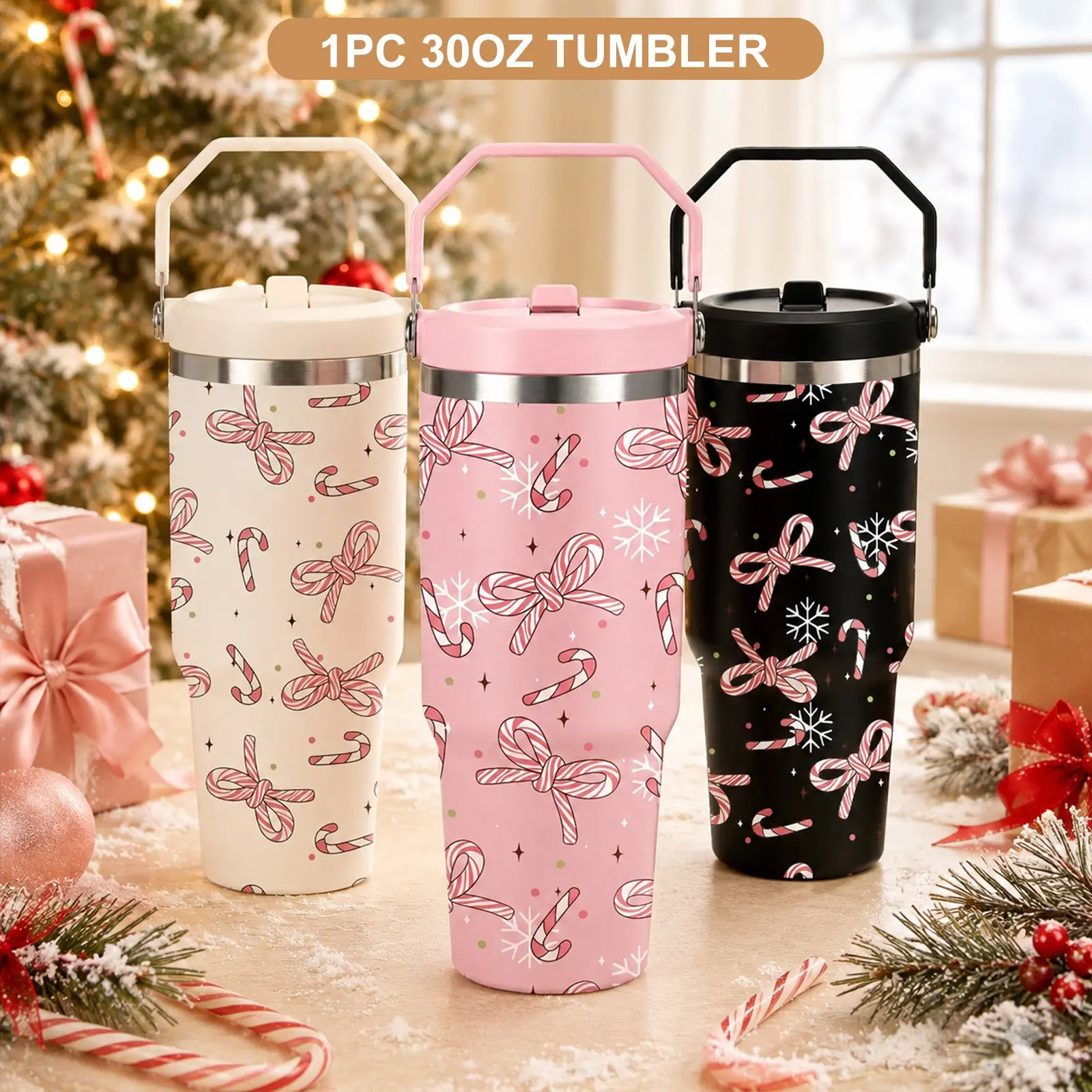 1PC 30oz Christmas Tumbler with Handle and Lid, Candy Cane Bow and Snowflake Print Insulated Stainless Steel Travel Mug, Reusable Large Capacity Cup for Hot and Cold Drinks, Holiday Parties, Travel and Christmas Gifts